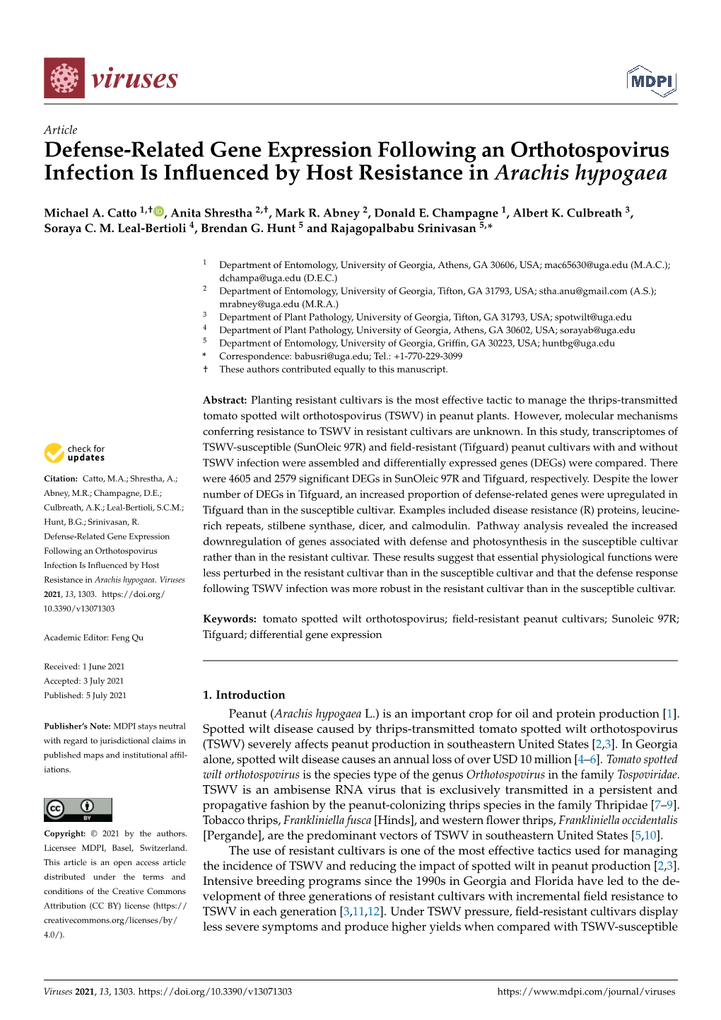 Defense-Related Gene Expression Following an Orthotospovirus Infection Is Inﬂuenced by Host Resistance in Arachis Hypogaea