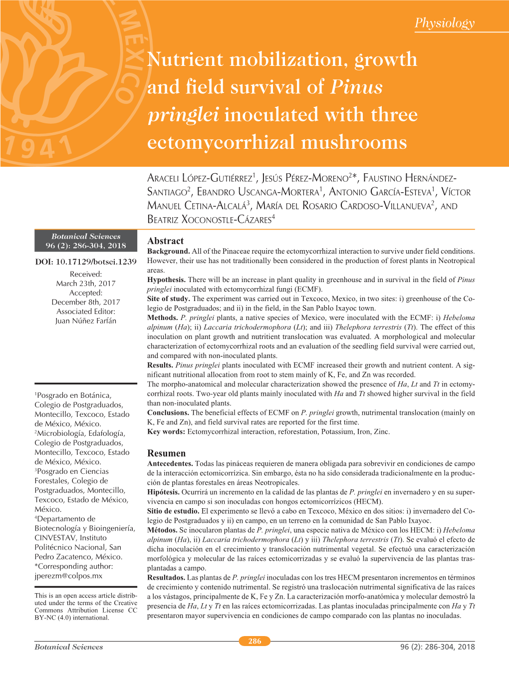 Nutrient Mobilization, Growth and Field Survival of Pinus Pringlei Inoculated with Three Ectomycorrhizal Mushrooms