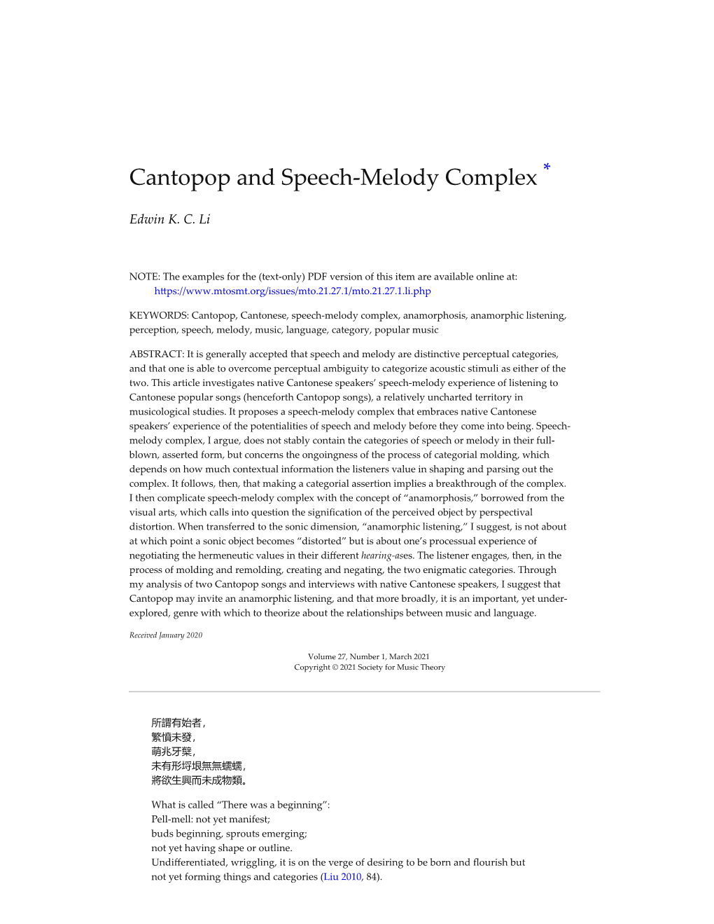 Cantopop and Speech-Melody Complex *