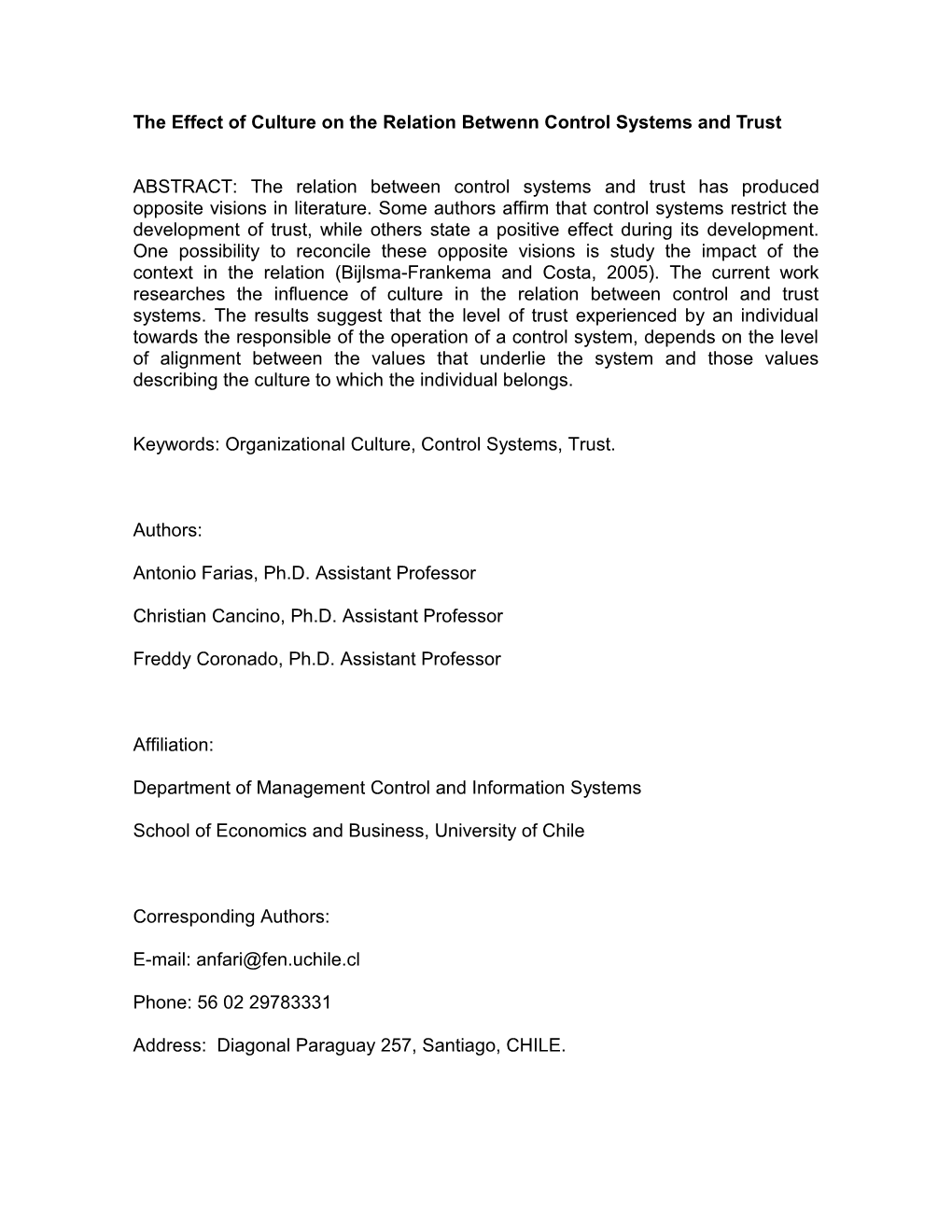 The Effect of Culture on the Relation Betwenn Control Systems and Trust