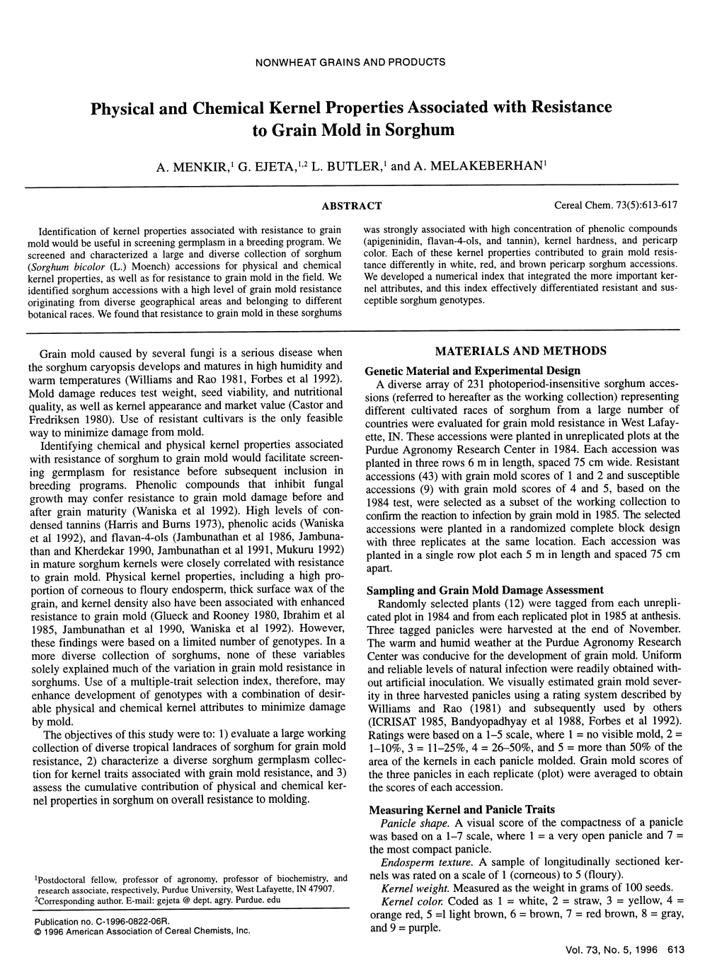 Physical and Chemical Kernel Properties Associated with Resistance to Grain Mold in Sorghum