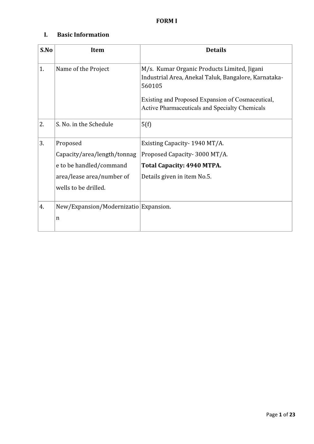 FORM I I. Basic Information S.No Item Details 1. Name of the Project M/S