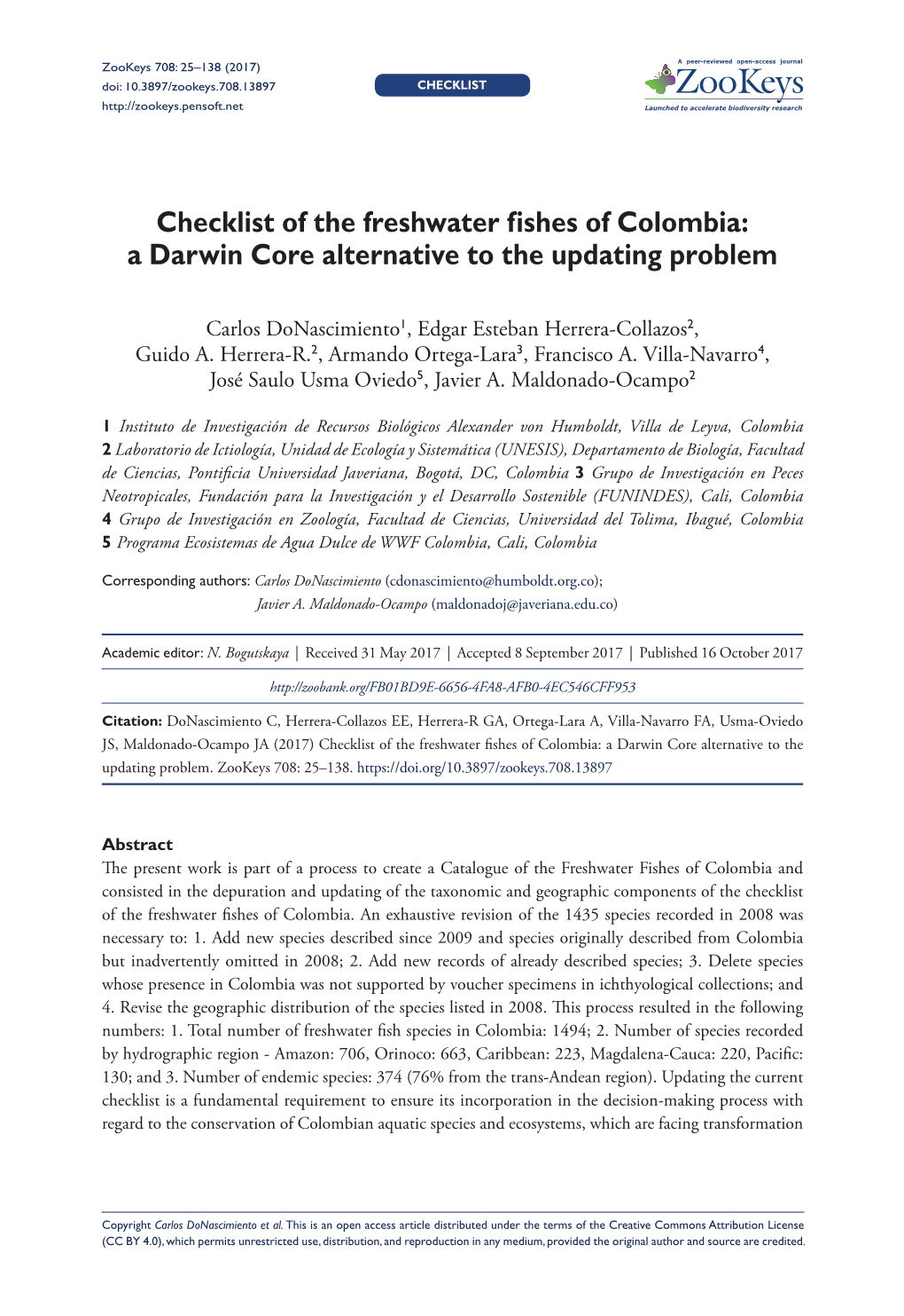 Checklist of the Freshwater Fishes of Colombia: a Darwin Core Alternative to the Updating Problem