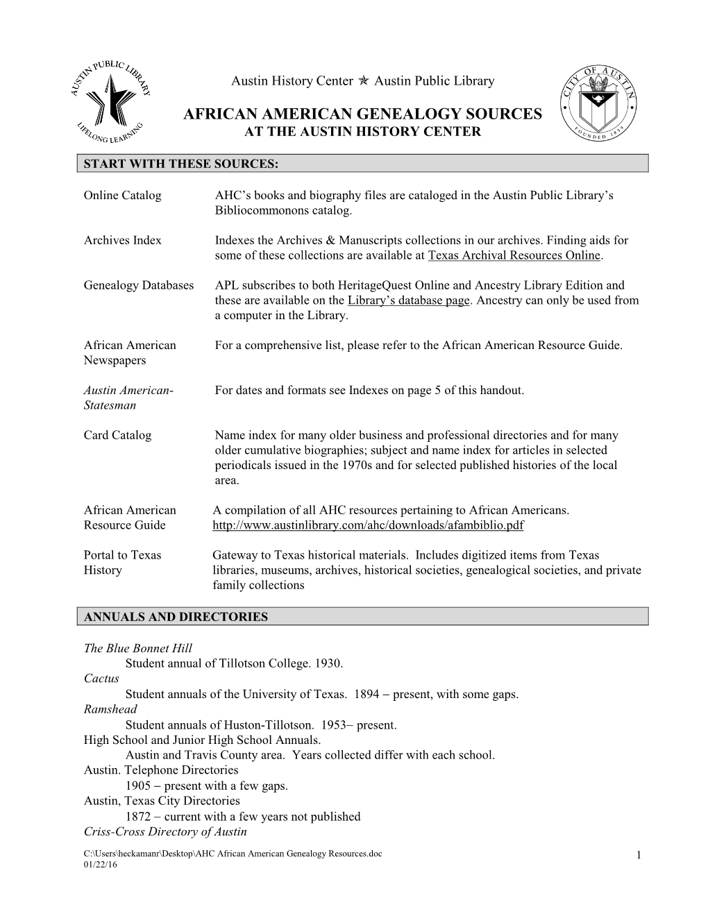 African American Genealogy Sources at the Austin History Center