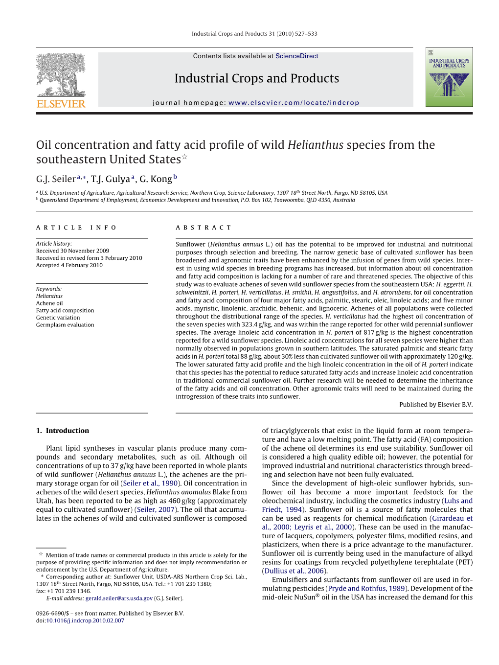 Oil Concentration and Fatty Acid Profile of Wild Helianthus Species from The