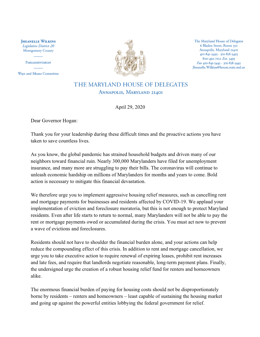 House Legislators' Housing Relief Letter