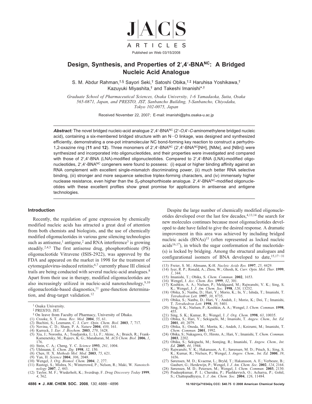 Design, Synthesis, and Properties of 2′,4′-BNANC: a Bridged Nucleic Acid Analogue S