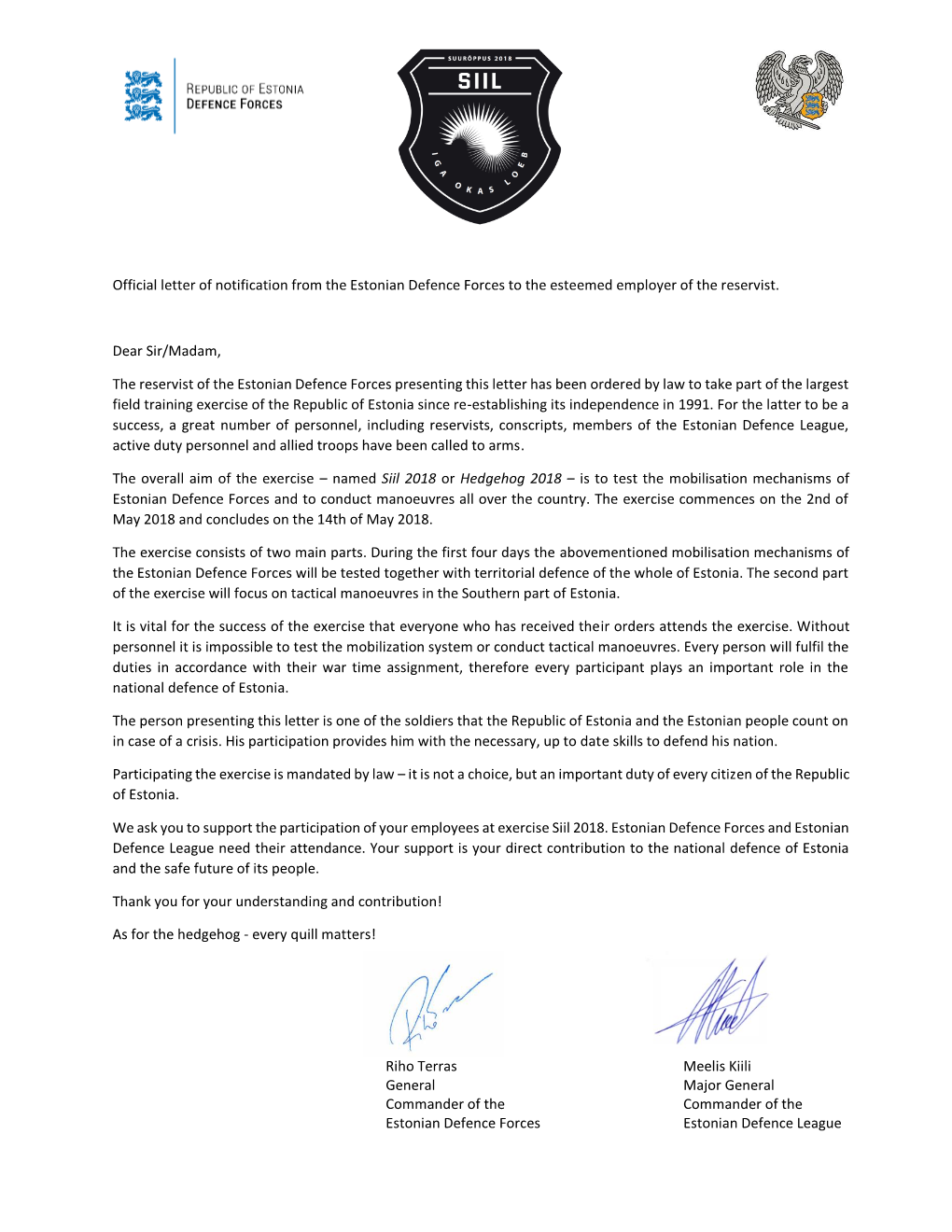 Official Letter of Notification from the Estonian Defence Forces to the Esteemed Employer of the Reservist