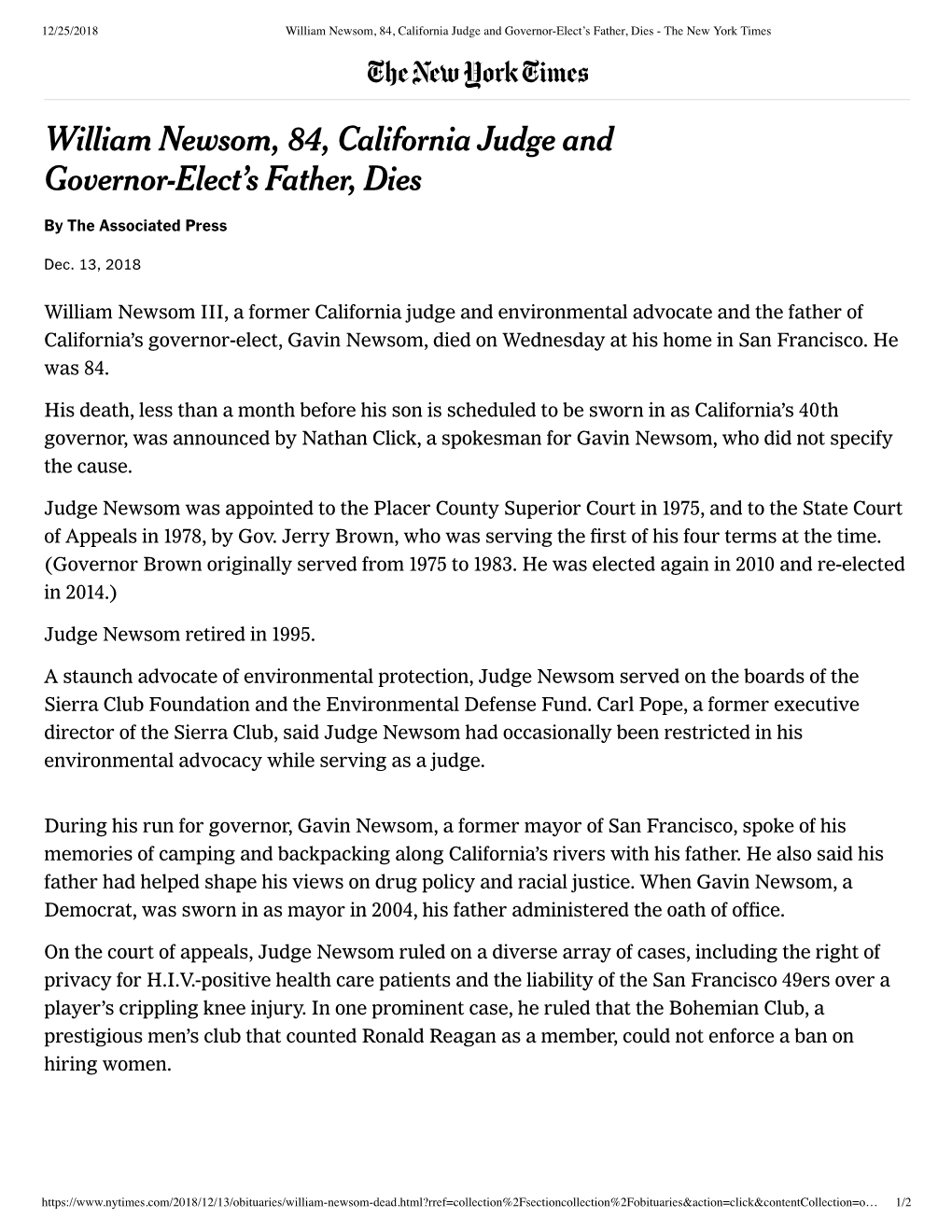 William Newsom, 84, California Judge and Governor-Elect’S Father, Dies - the New York Times