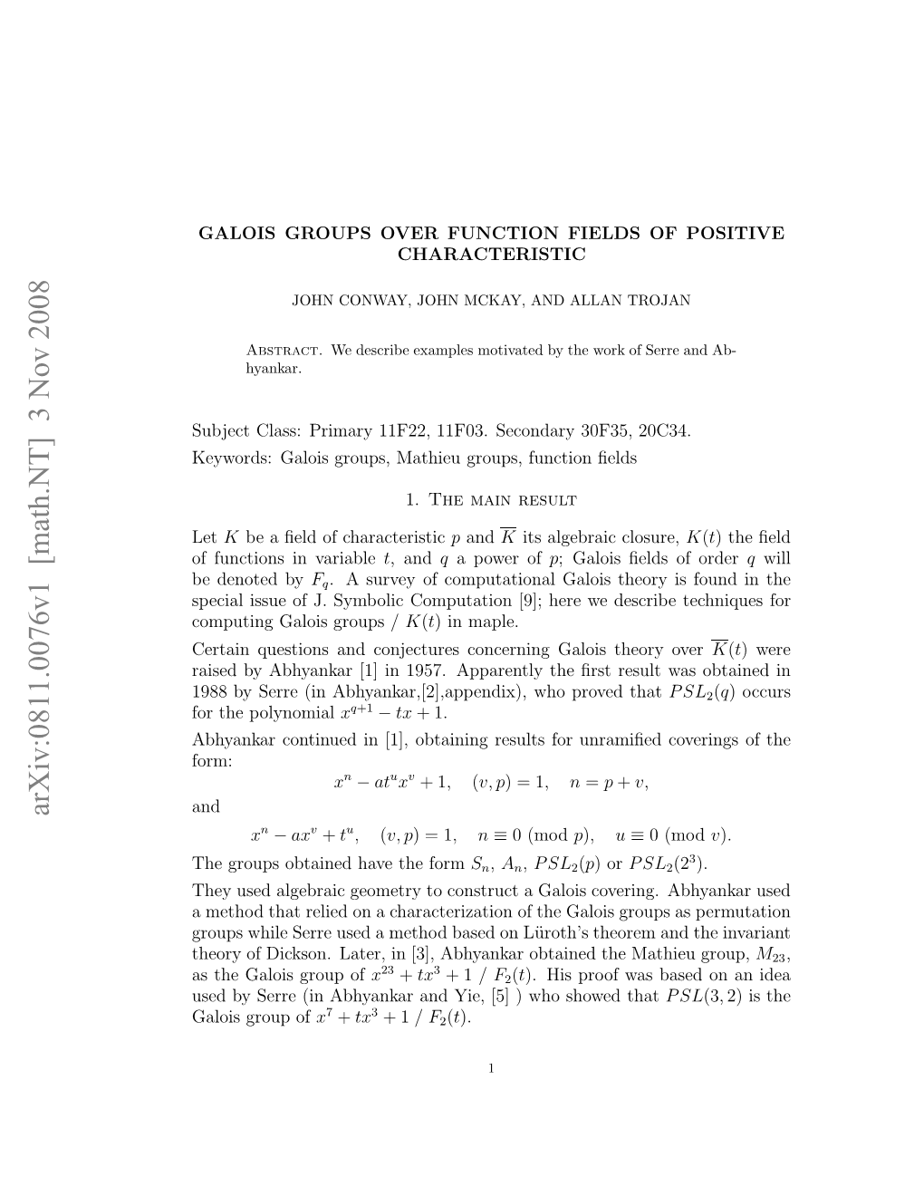 Galois Groups Over Function Fields of Positive Characteristic 3