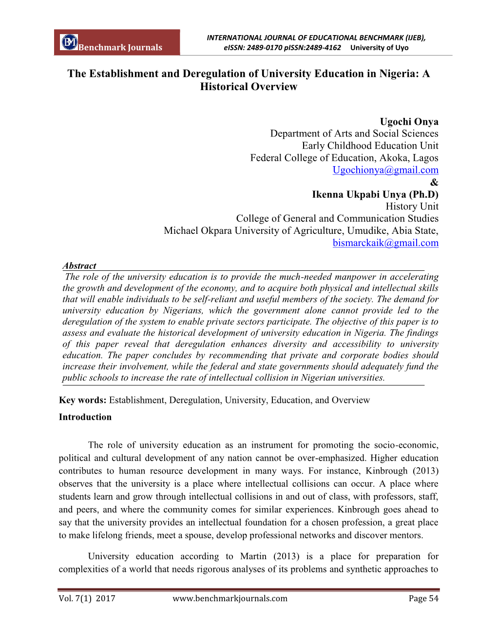 The Establishment and Deregulation of University Education in Nigeria: a Historical Overview