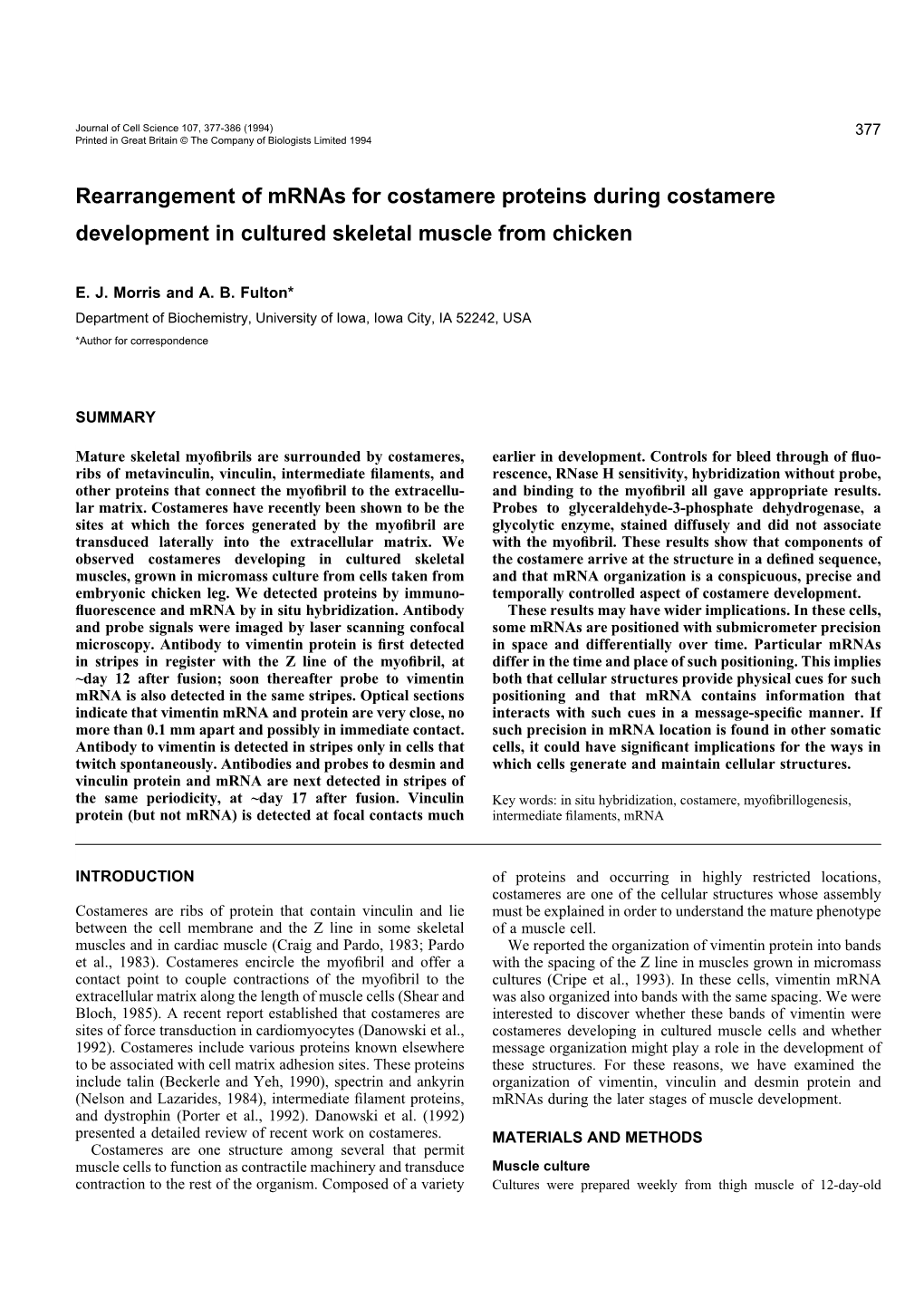 Rearrangement of Mrnas for Costamere Proteins During Costamere Development in Cultured Skeletal Muscle from Chicken