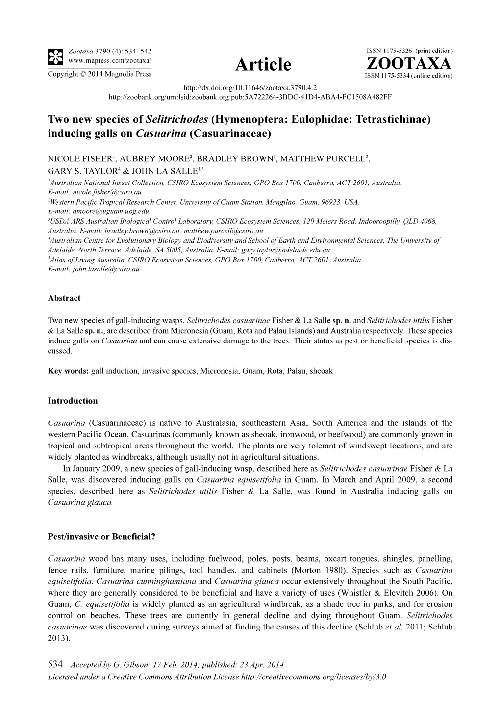 Two New Species of Selitrichodes (Hymenoptera: Eulophidae: Tetrastichinae) Inducing Galls on Casuarina (Casuarinaceae)