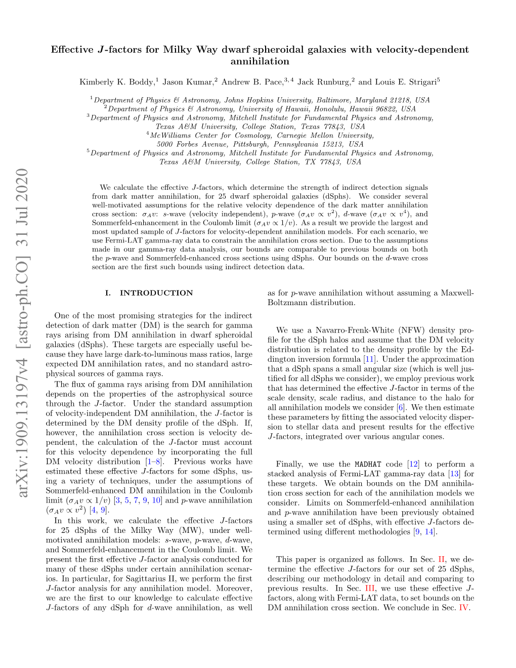 Arxiv:1909.13197V4 [Astro-Ph.CO] 31 Jul 2020 Limit (Σav 1/V)[3,5,7,9, 10] and P-Wave Annihilation Consider