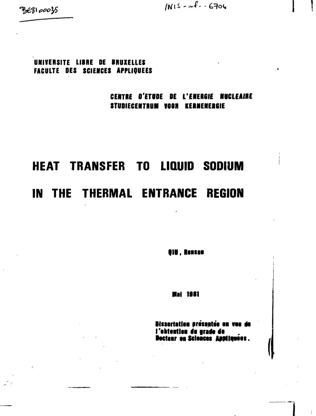 Heat Transfer to Liquid Sodium in the Thermal Entrance Region