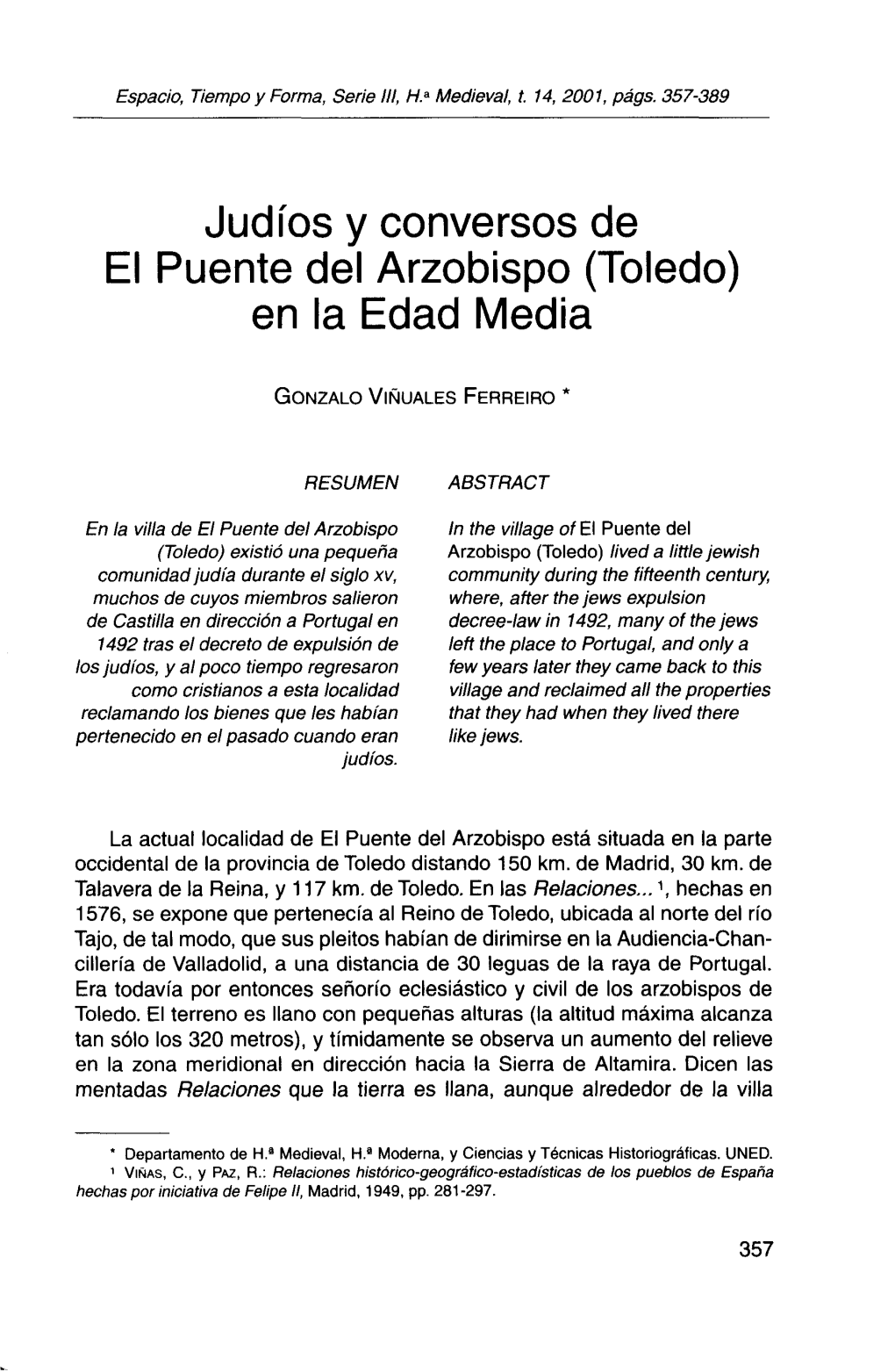 Judíos Y Conversos De El Puente Del Arzobispo (Toledo) En La Edad Media
