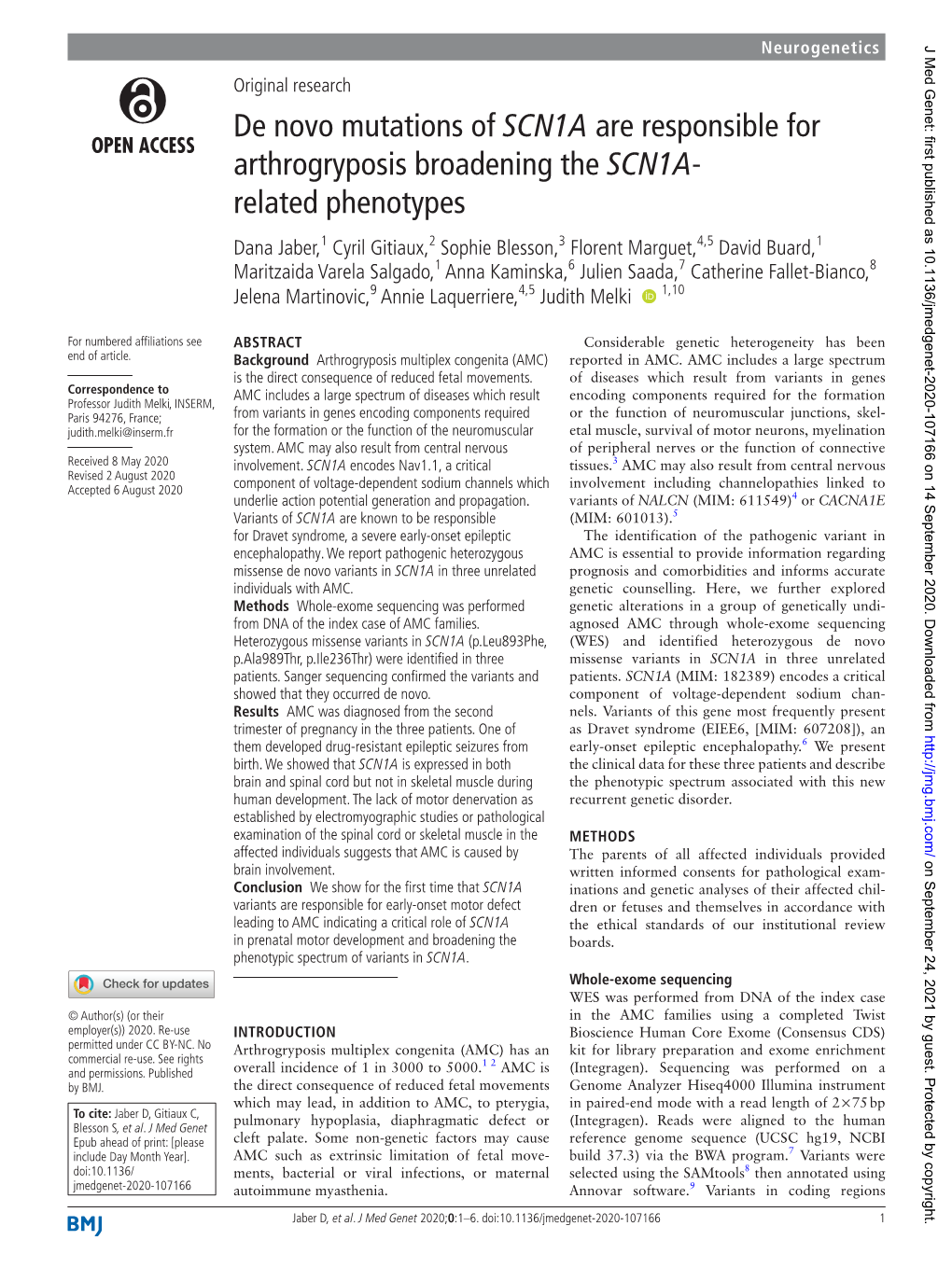 De Novo Mutations of SCN1A Are Responsible for Arthrogryposis