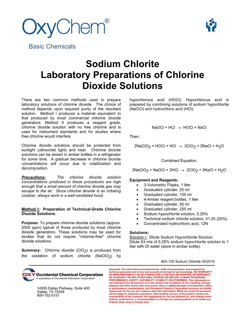 Sodium Chlorite Laboratory Preparations of Chlorine Dioxide Solutions