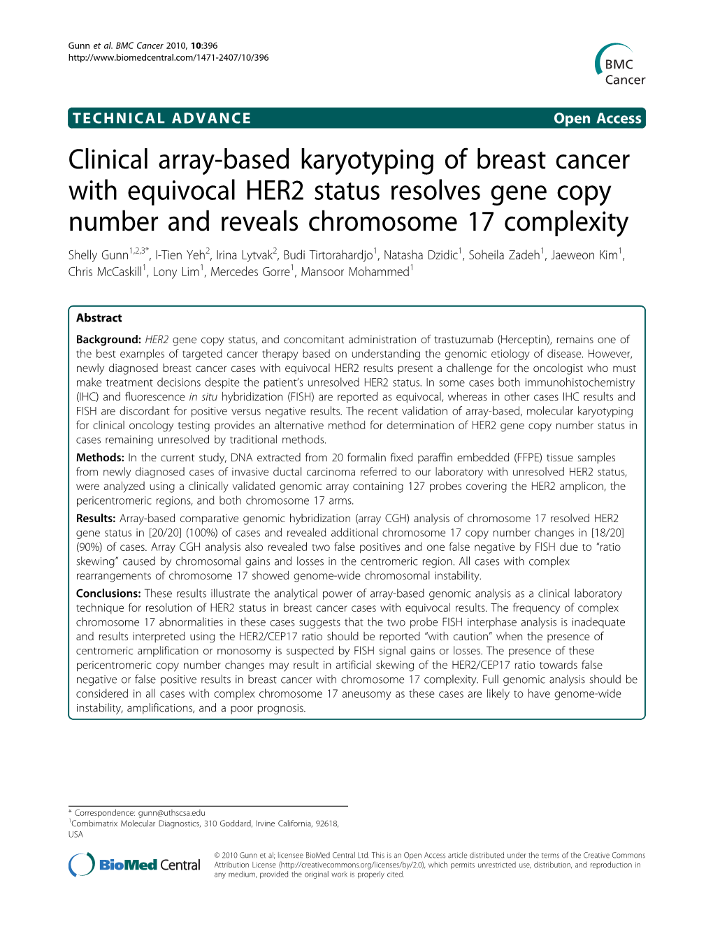 Clinical Array-Based Karyotyping of Breast Cancer with Equivocal HER2