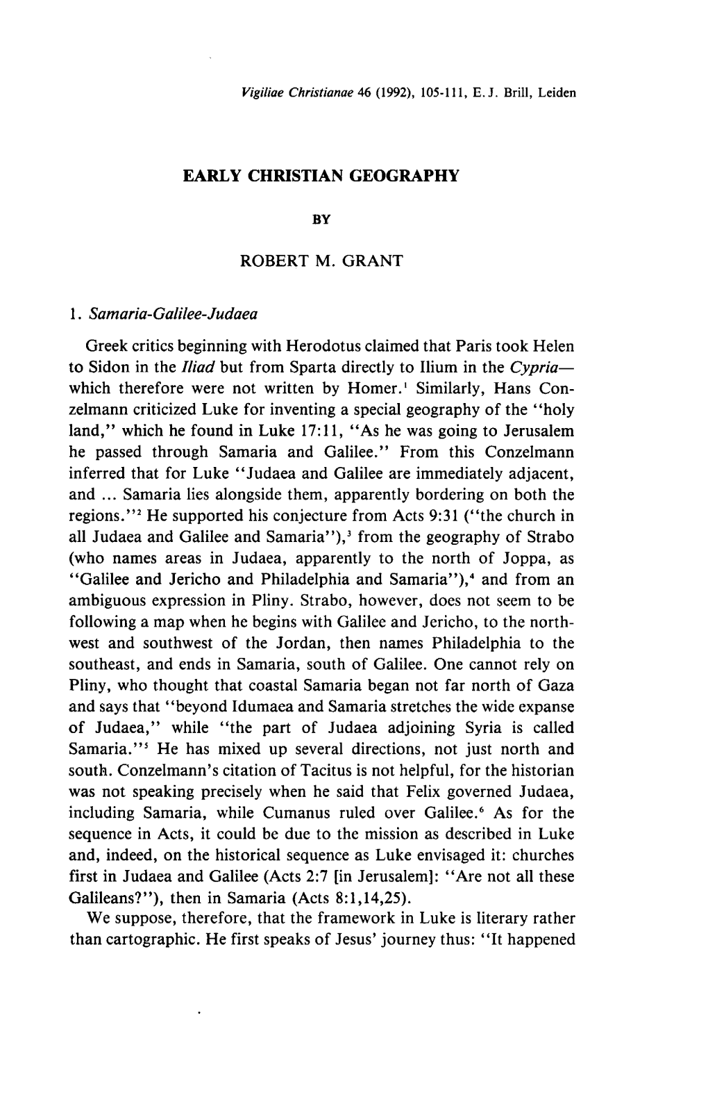 EARLY CHRISTIAN GEOGRAPHY by ROBERT M. GRANT 1. Samaria