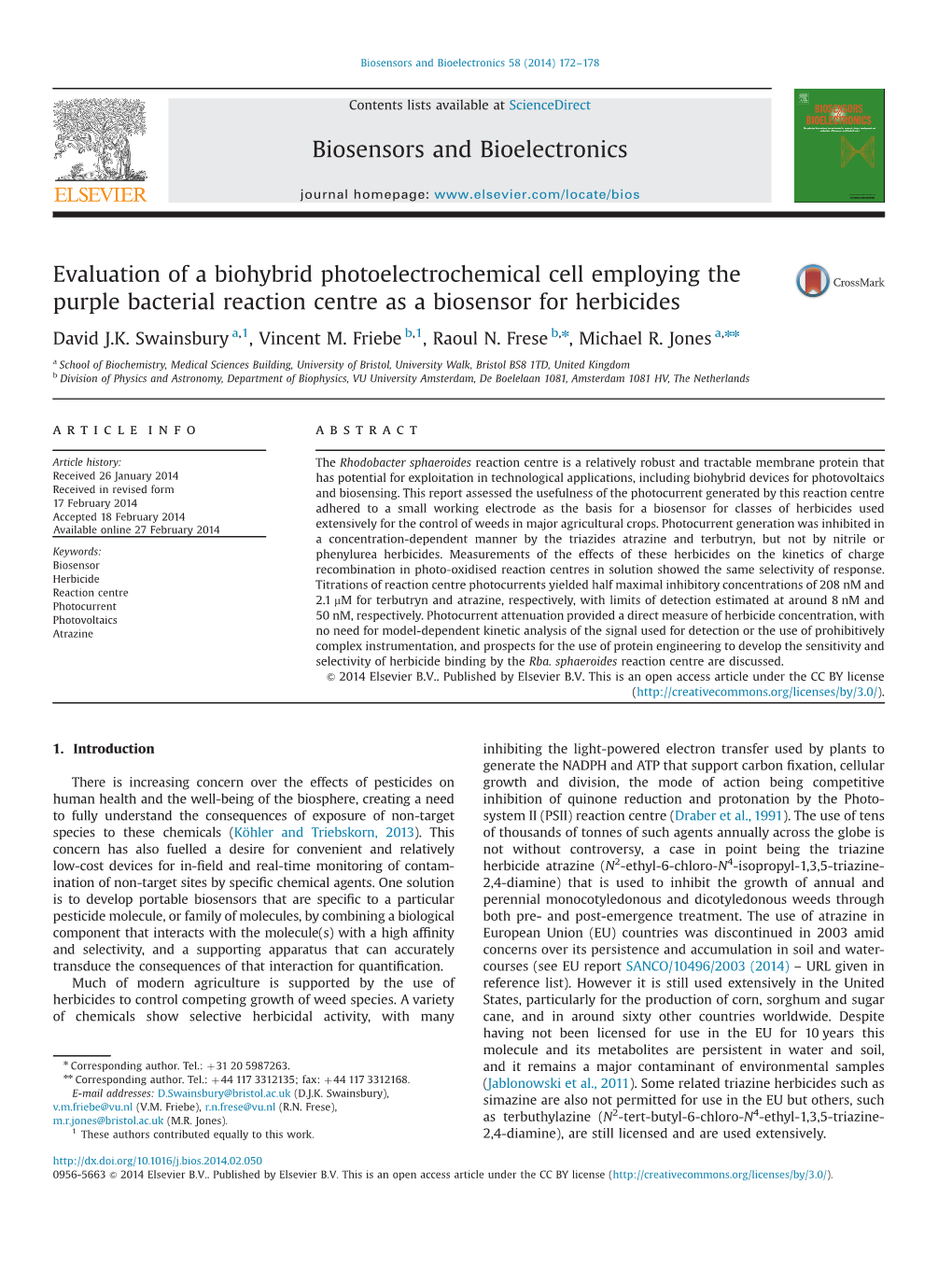 Evaluation of a Biohybrid Photoelectrochemical Cell Employing the Purple Bacterial Reaction Centre As a Biosensor for Herbicides