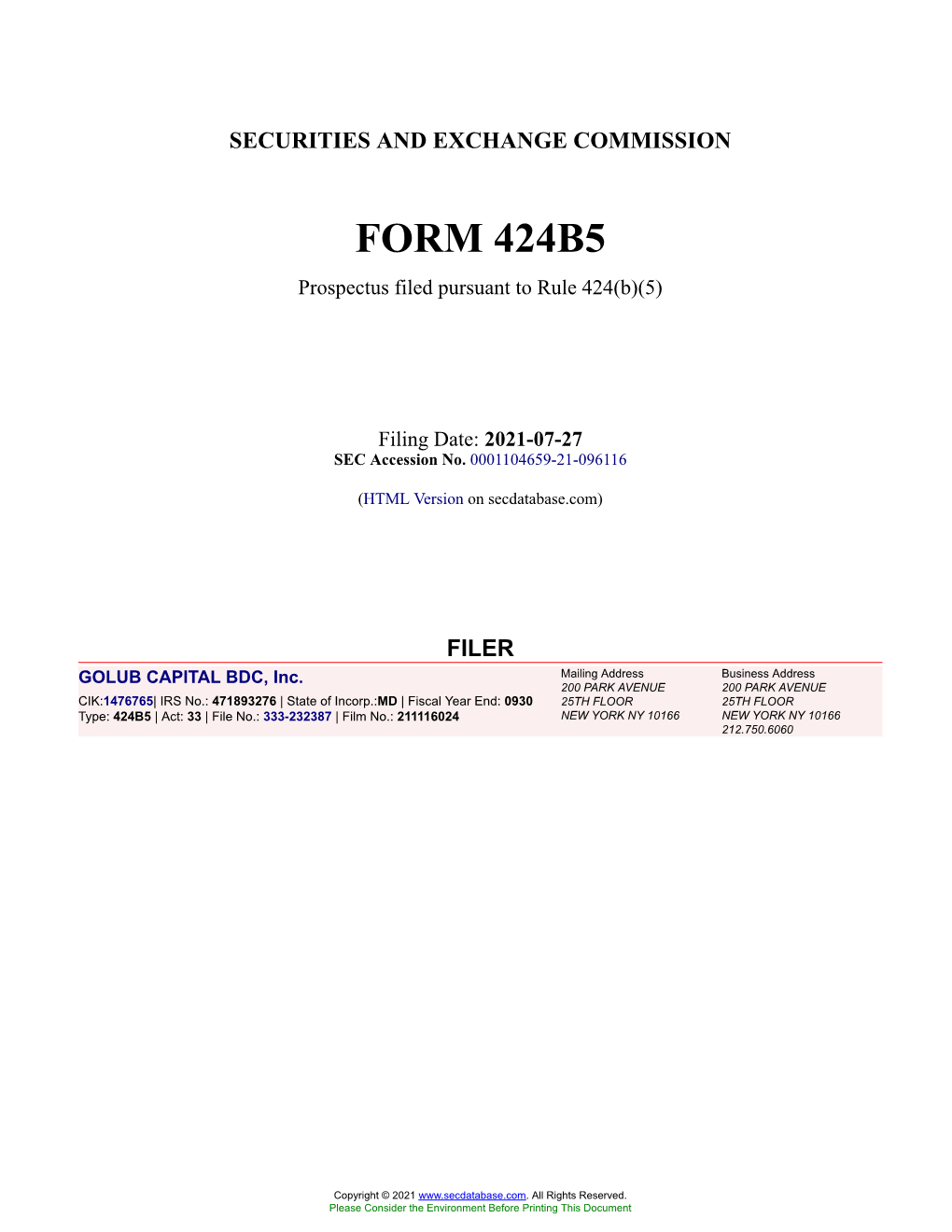 GOLUB CAPITAL BDC, Inc. Form 424B5 Filed 2021-07-27