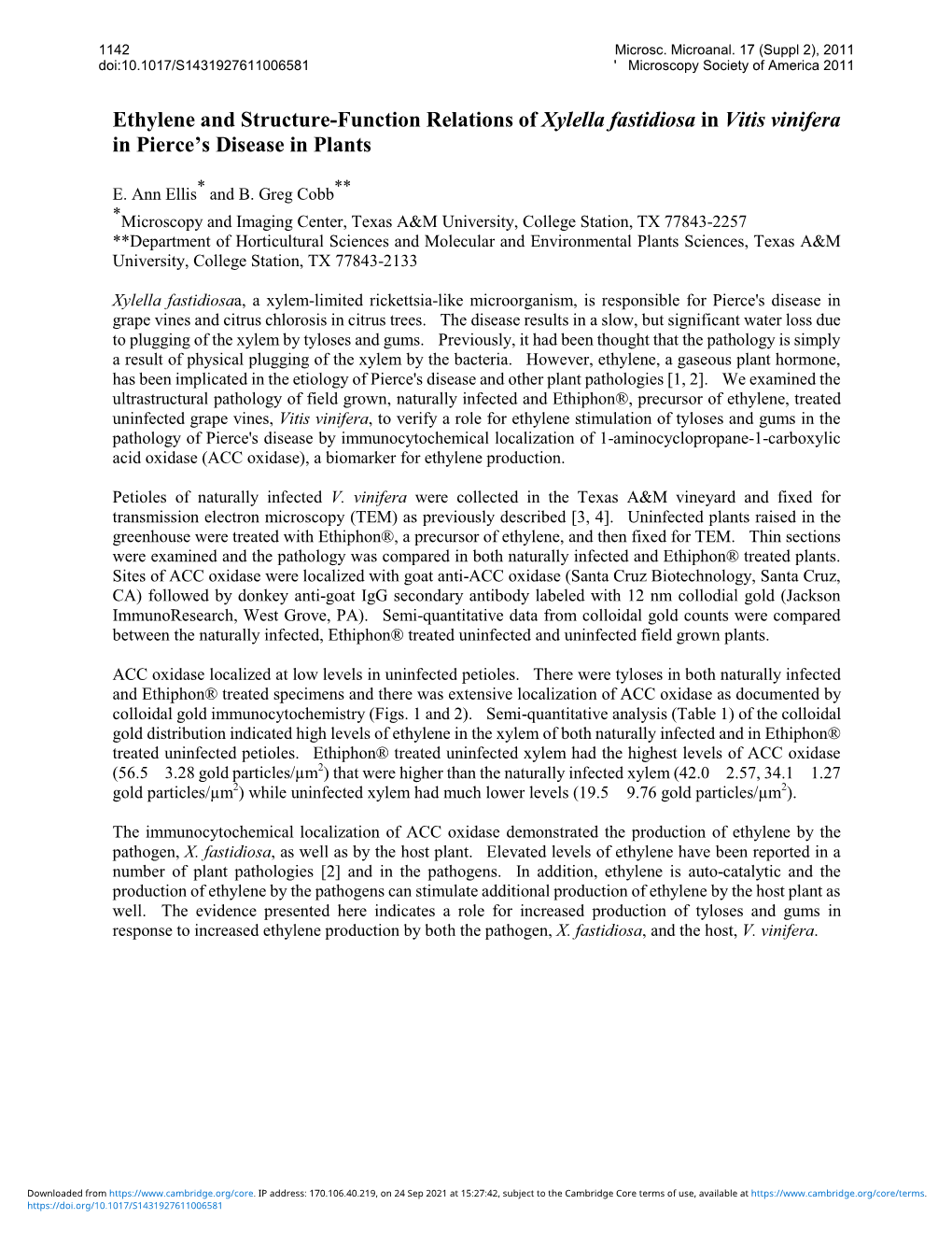 Structure-Function Relations of Xylella Fastidiosa in Vitis Vinifera in Pierce’S Disease in Plants