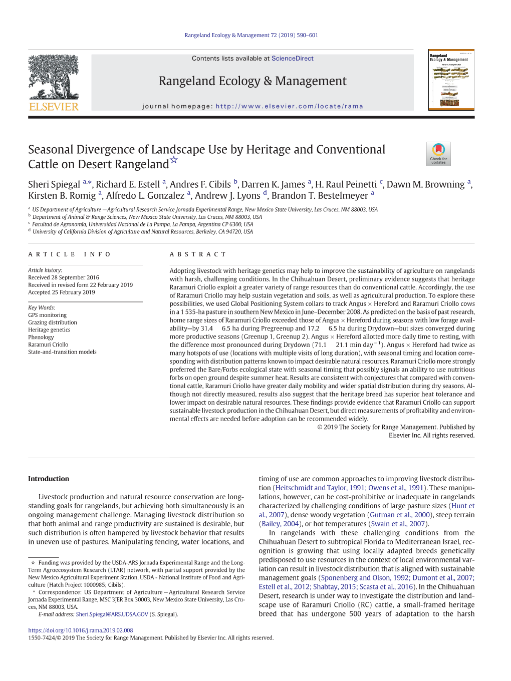 Seasonal Divergence of Landscape Use by Heritage and Conventional ☆ Cattle on Desert Rangeland