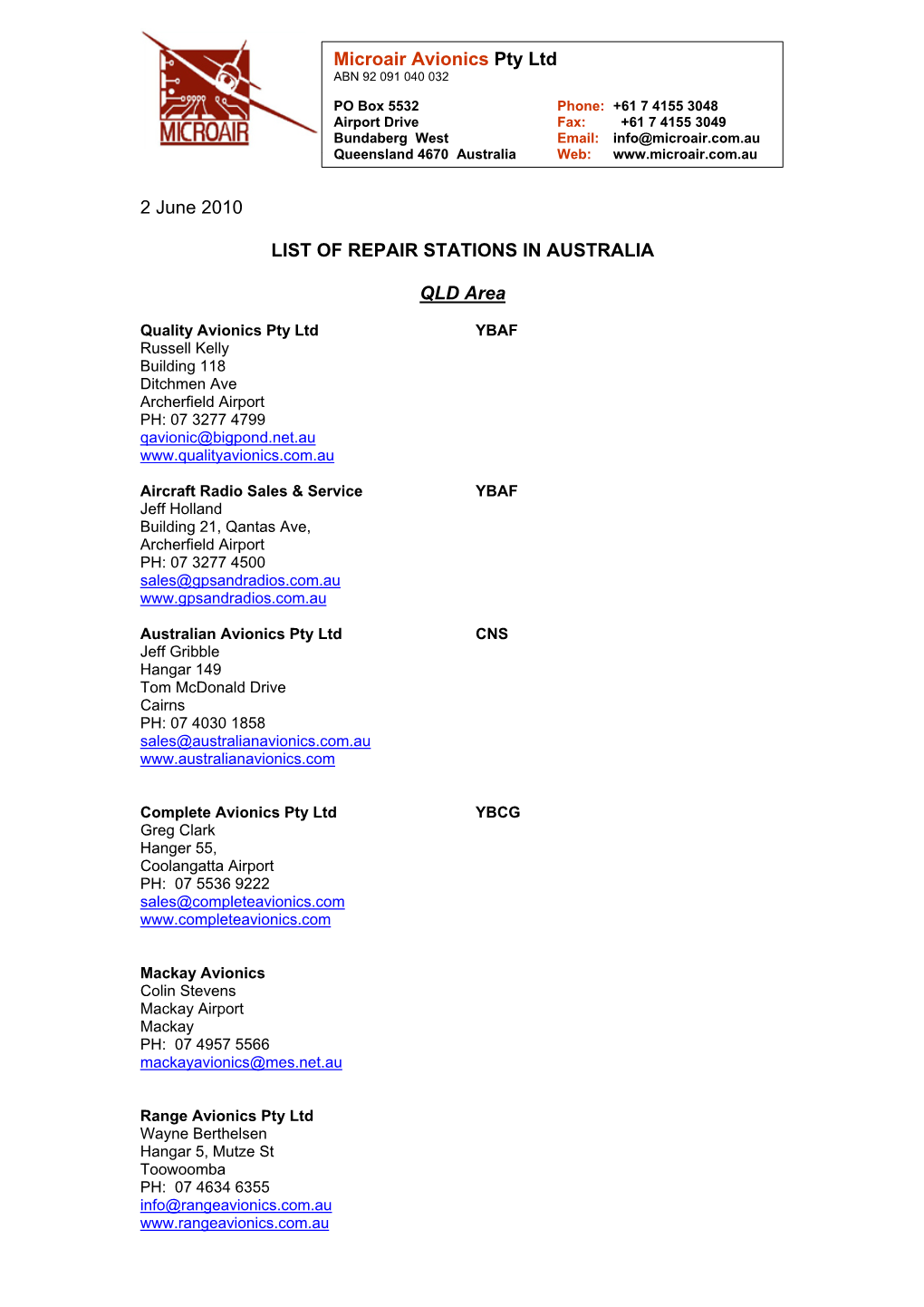 2 June 2010 LIST of REPAIR STATIONS in AUSTRALIA QLD Area