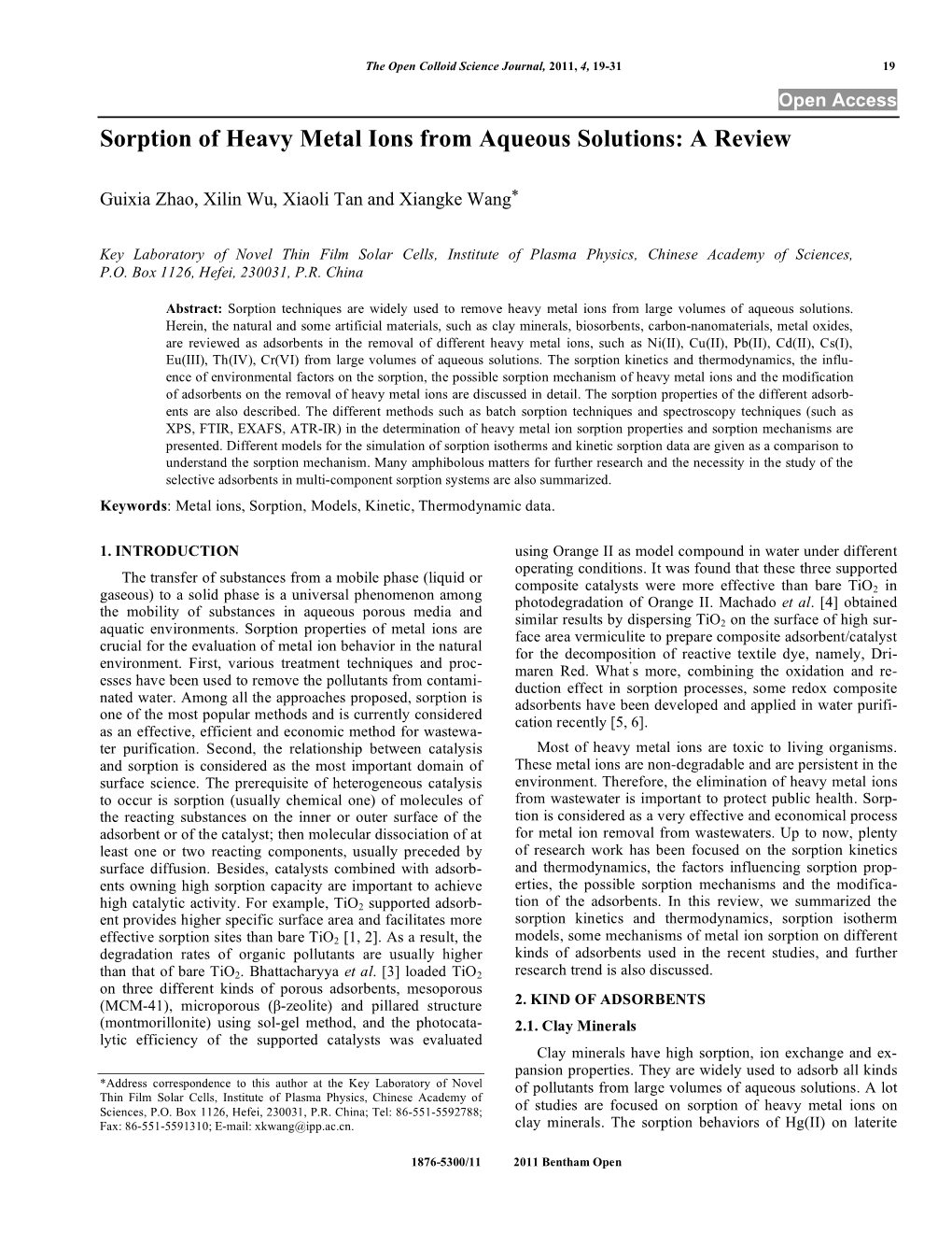 Sorption of Heavy Metal Ions from Aqueous Solutions: a Review