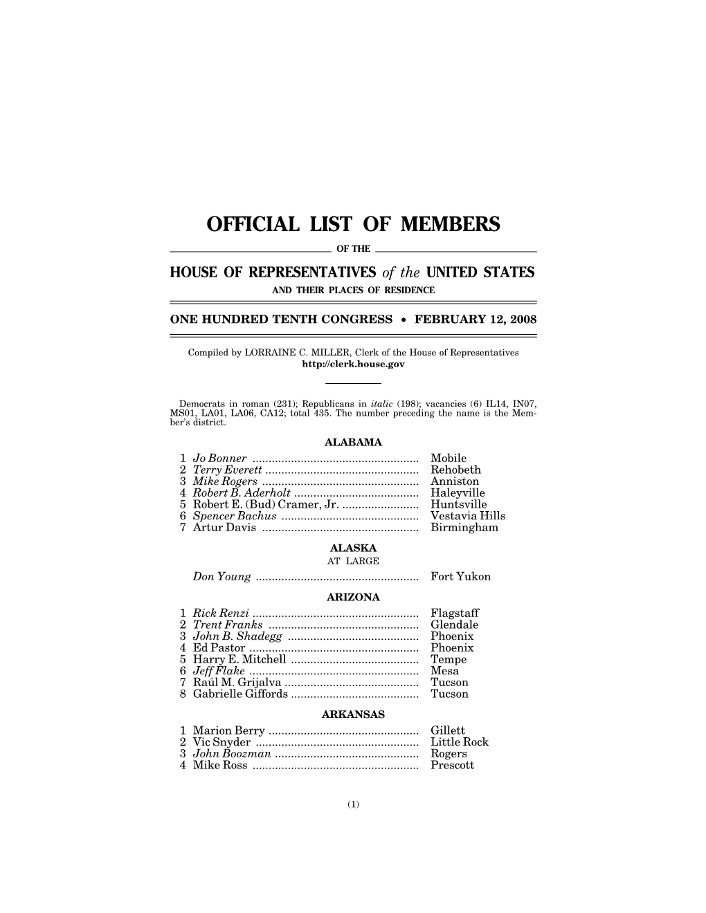 OFFICIAL LIST of MEMBERS of the HOUSE of REPRESENTATIVES of the UNITED STATES and THEIR PLACES of RESIDENCE