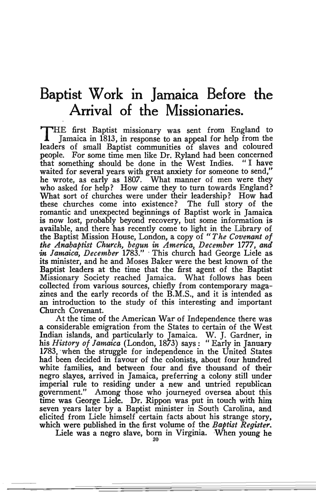 Baptist Work in Jamaica Before the Arrival of the Missionaries