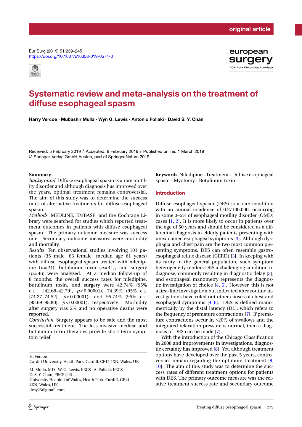 Systematic Review and Meta-Analysis on the Treatment of Diffuse Esophageal Spasm