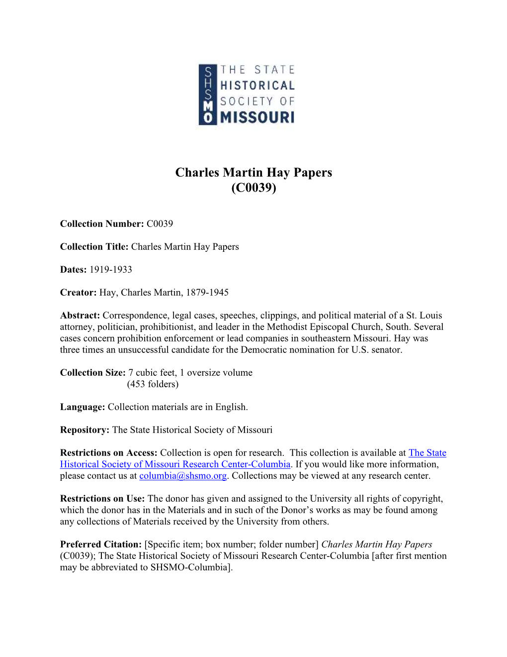 Charles Martin Hay Papers (C0039)
