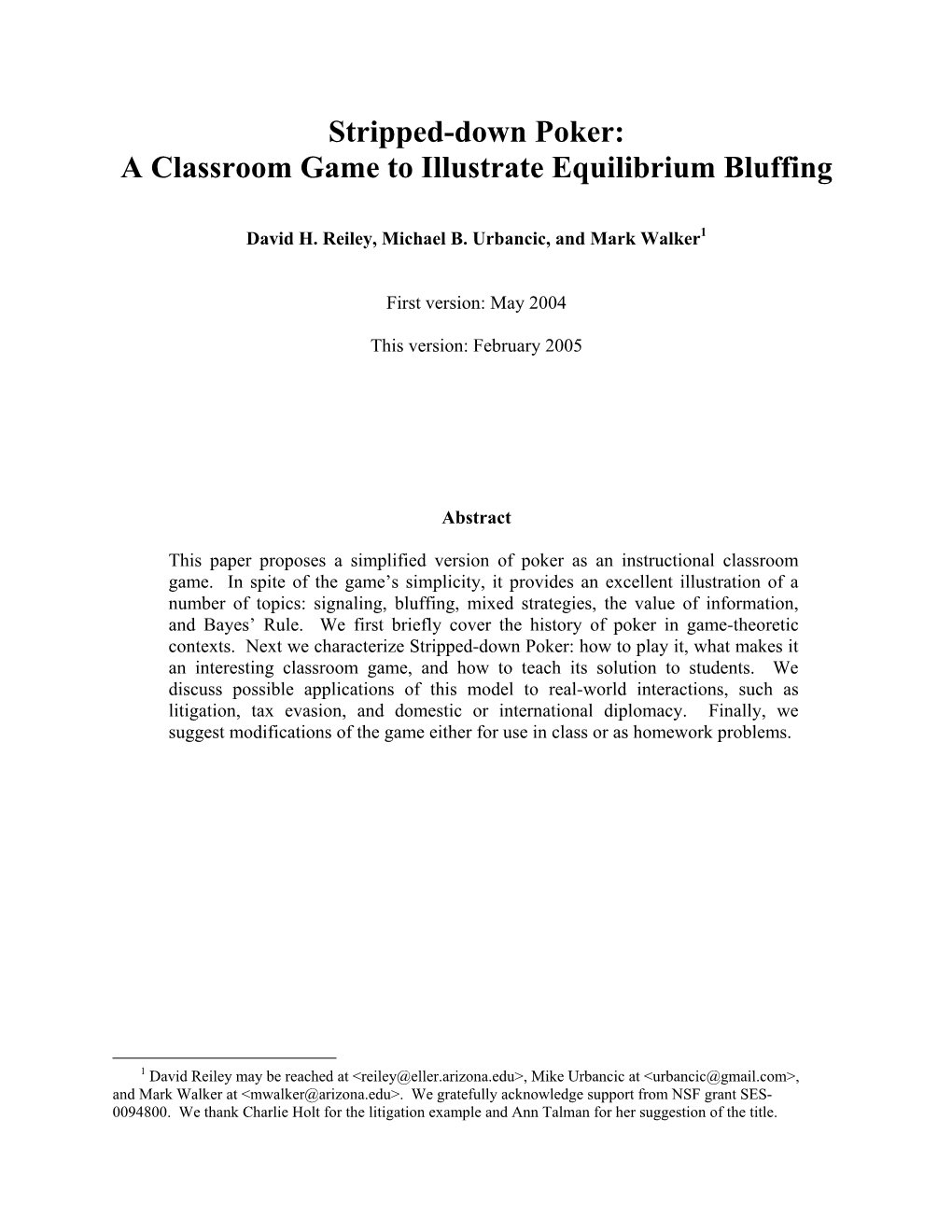 Stripped-Down Poker: a Classroom Game to Illustrate Equilibrium Bluffing