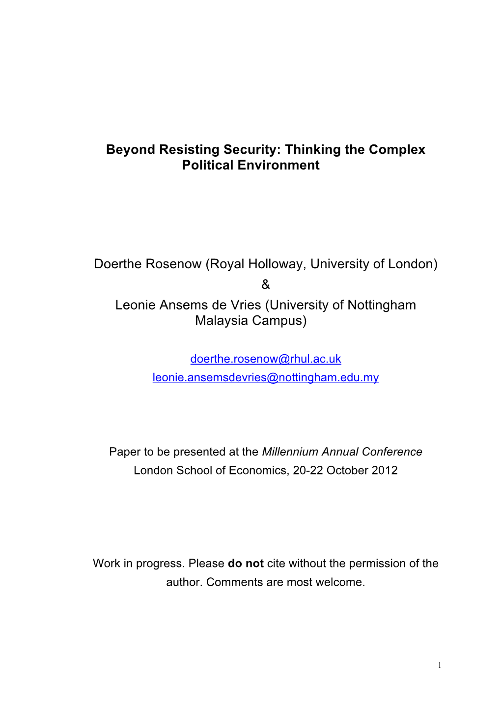 Beyond Resisting Security: Thinking the Complex Political Environment