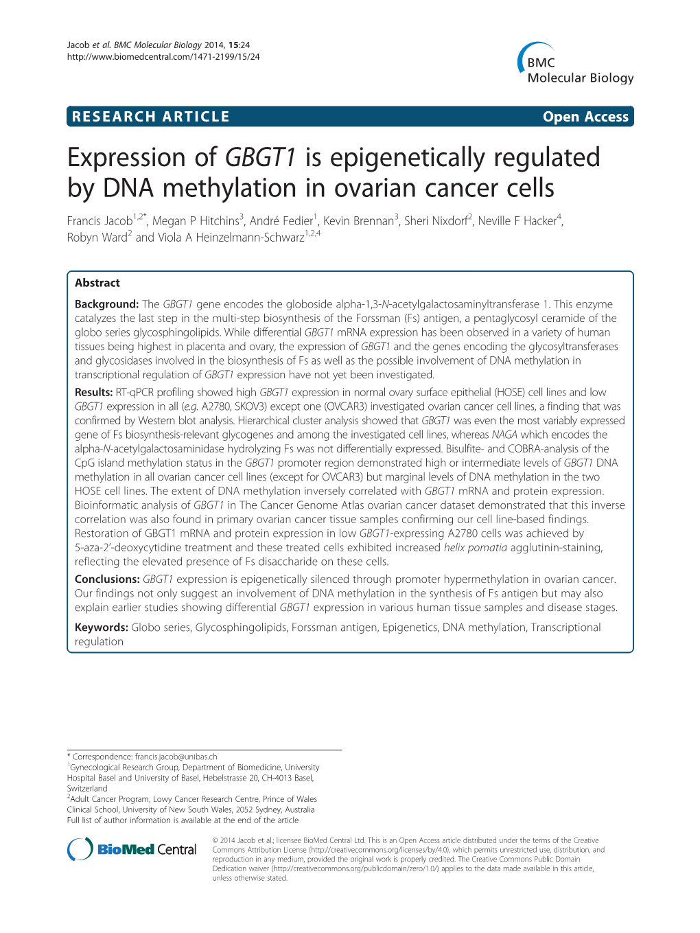 Expression of GBGT1 Is Epigenetically Regulated by DNA Methylation In