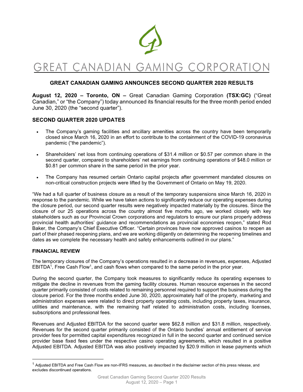 Toronto, on – Great Canadian Gaming Corporati