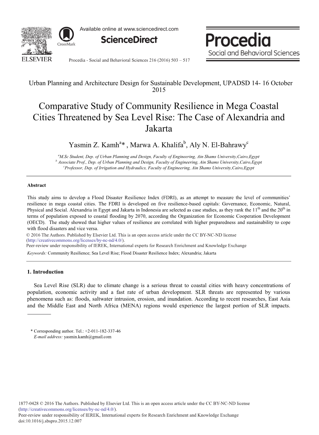 Comparative Study of Community Resilience in Mega Coastal Cities Threatened by Sea Level Rise: the Case of Alexandria and Jakarta