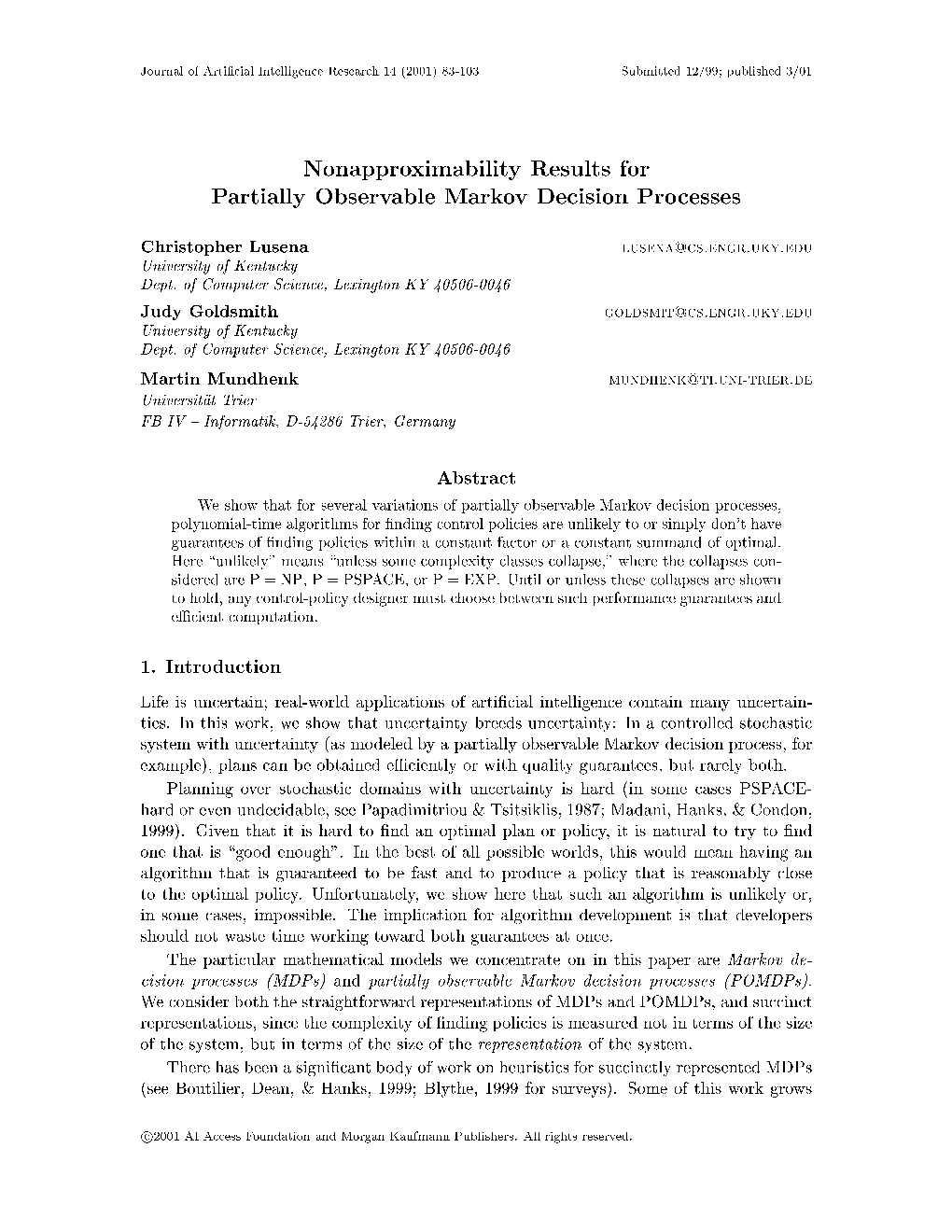 Nonapproximability Results for Partially Observable Markov