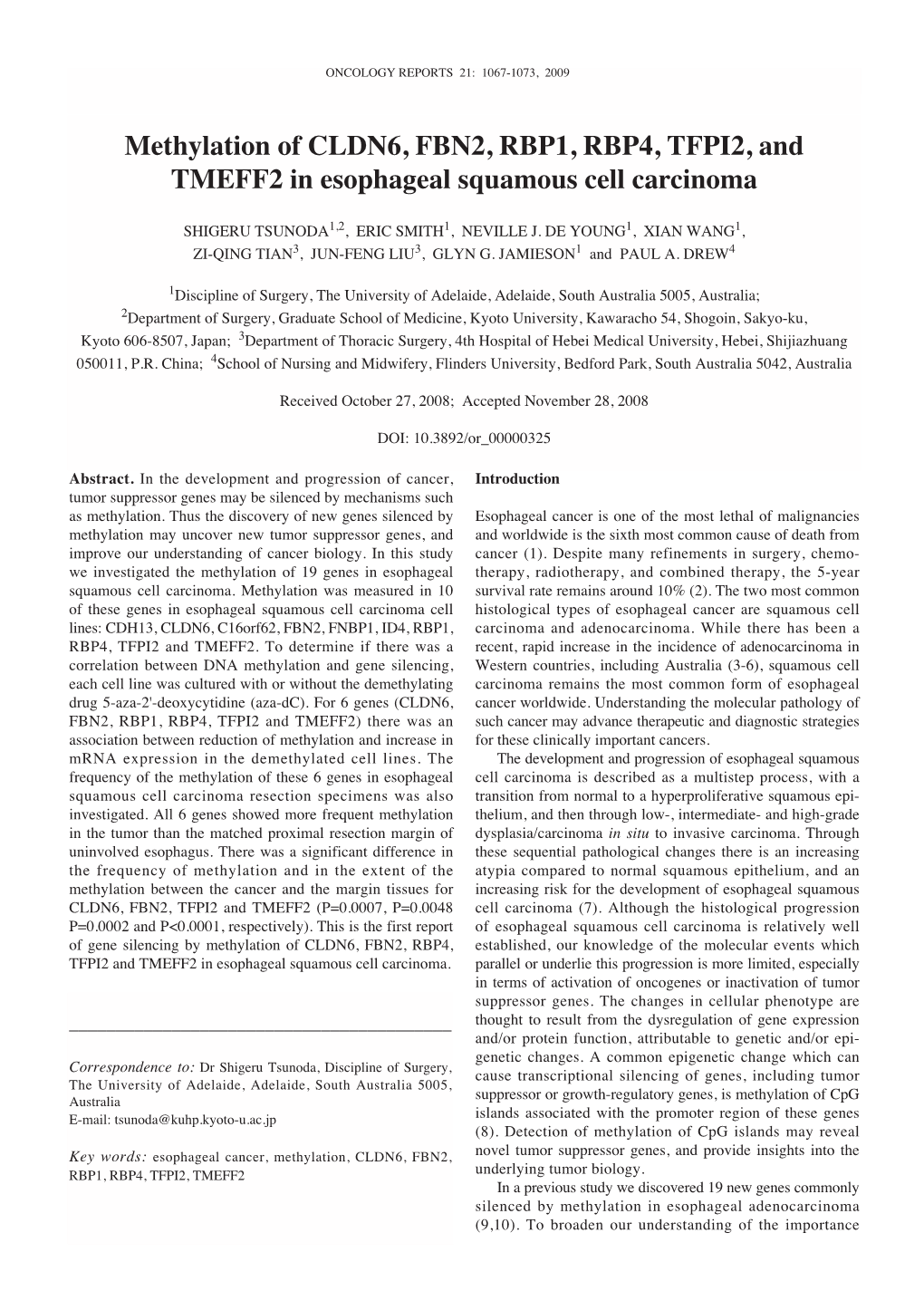 Methylation of CLDN6, FBN2, RBP1, RBP4, TFPI2, and TMEFF2 in Esophageal Squamous Cell Carcinoma