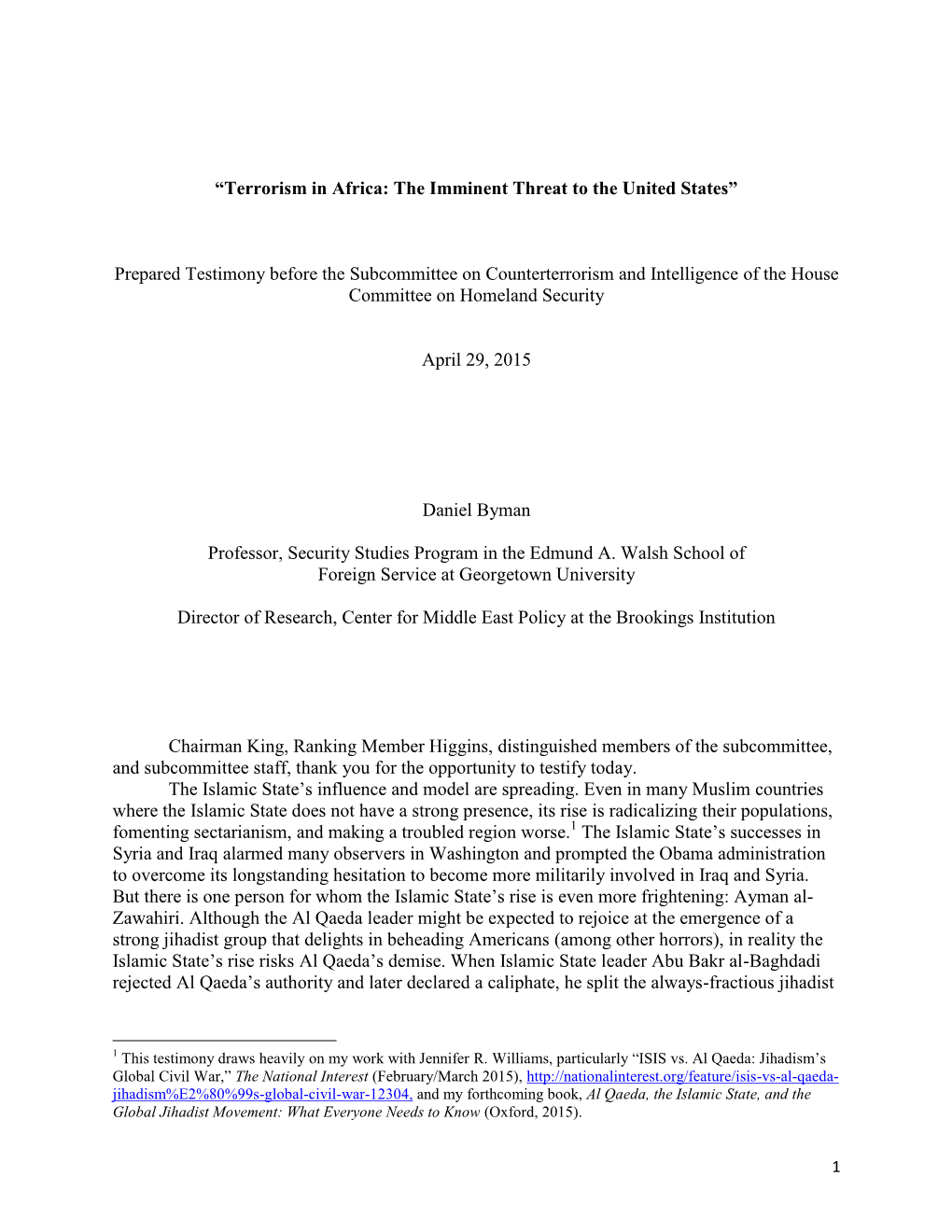“Terrorism in Africa: the Imminent Threat to the United States” Prepared Testimony Before the Subcommittee on Counterterrori