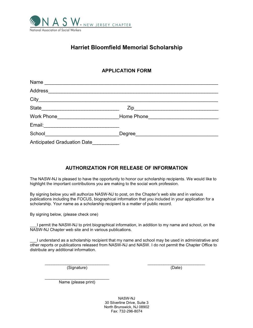 Harriet Bloomfield Memorial Scholarship