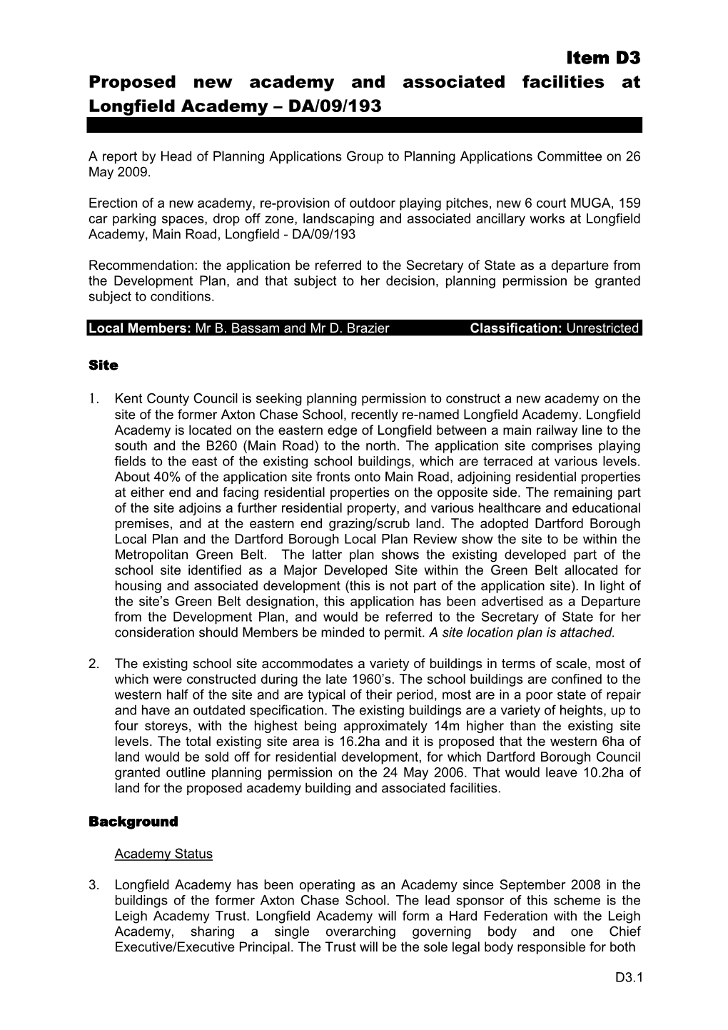 Item D3 Proposed New Academy and Associated Facilities at Longfield