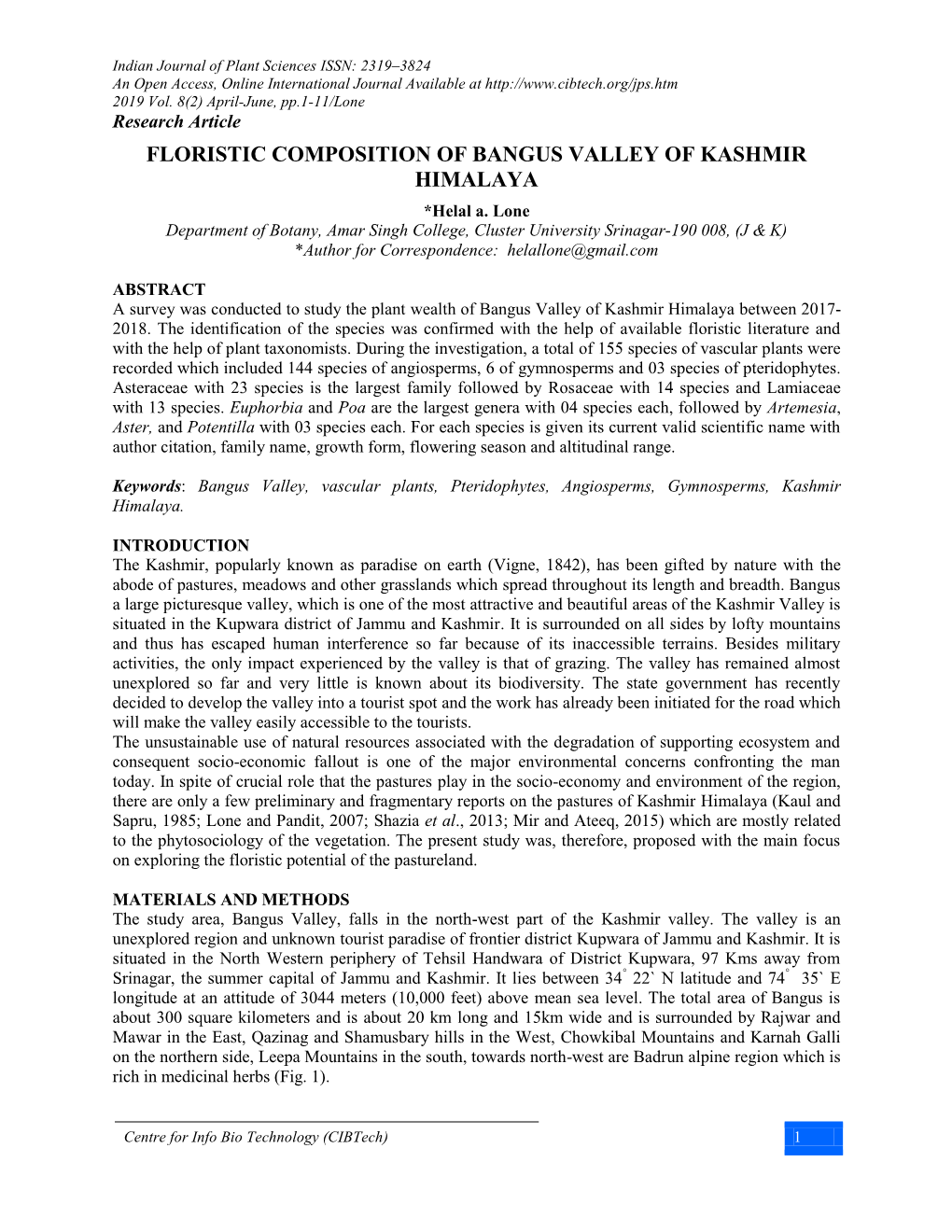 FLORISTIC COMPOSITION of BANGUS VALLEY of KASHMIR HIMALAYA *Helal A