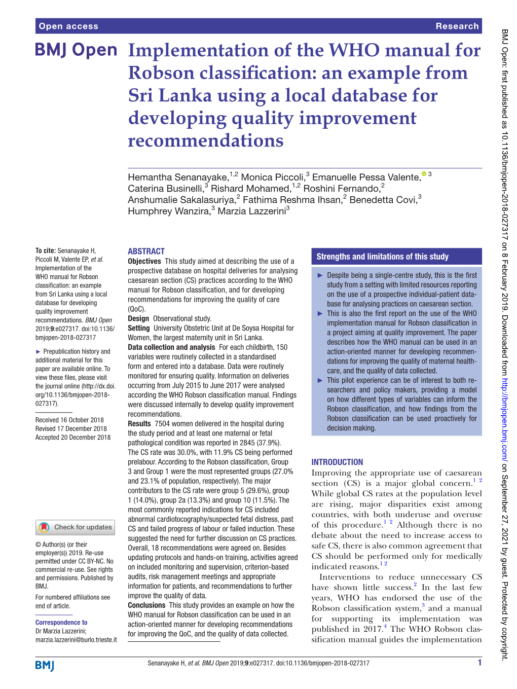 Implementation of the WHO Manual for Robson Classification: an Example from Sri Lanka Using a Local Database for Developing Quality Improvement Recommendations