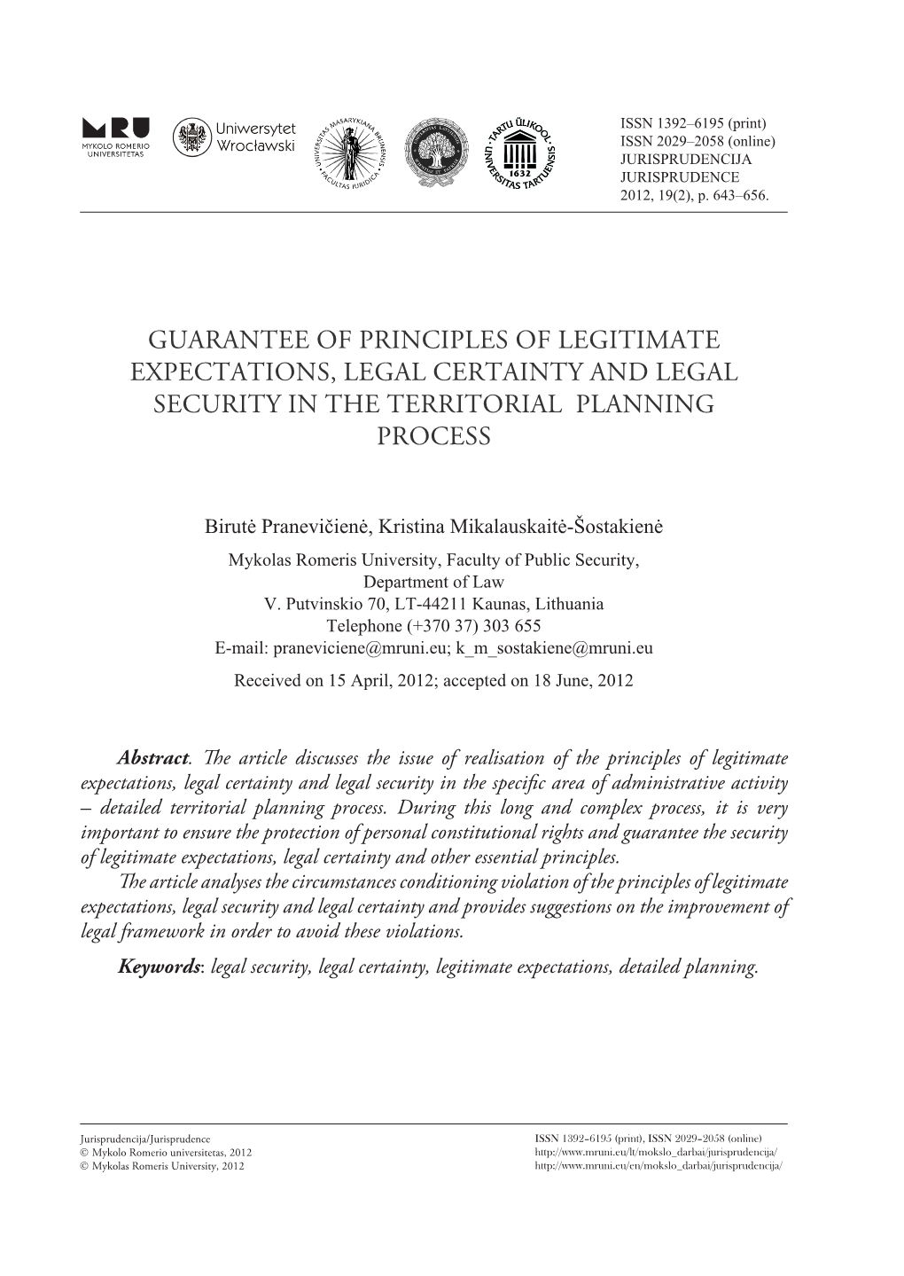 Guarantee of Principles of Legitimate Expectations, Legal Certainty and Legal Security in the Territorial Planning Process