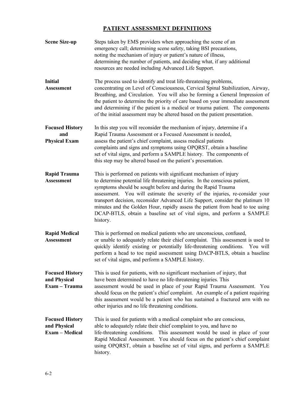 Patient Assessment Definitions