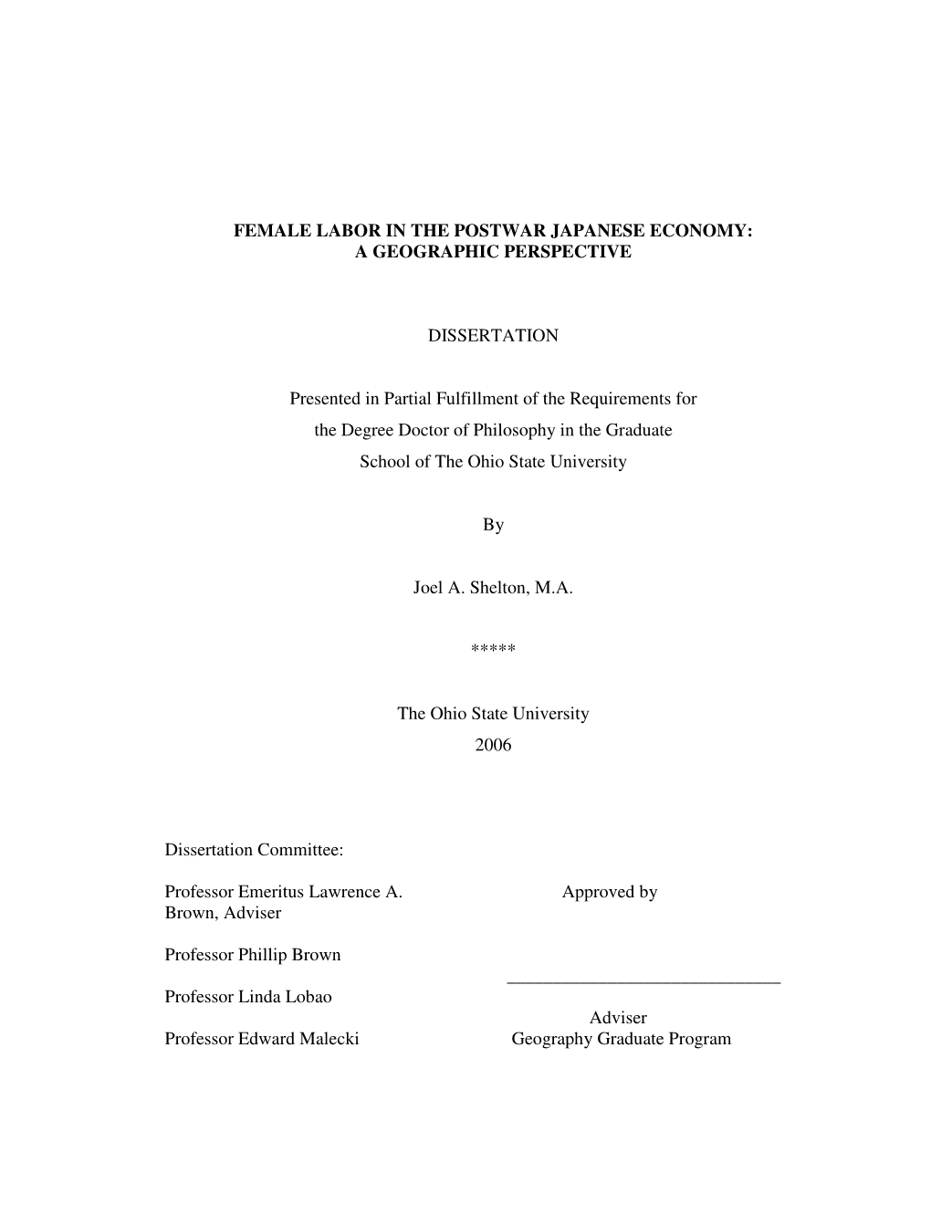 Female Labor in the Postwar Japanese Economy: a Geographic Perspective