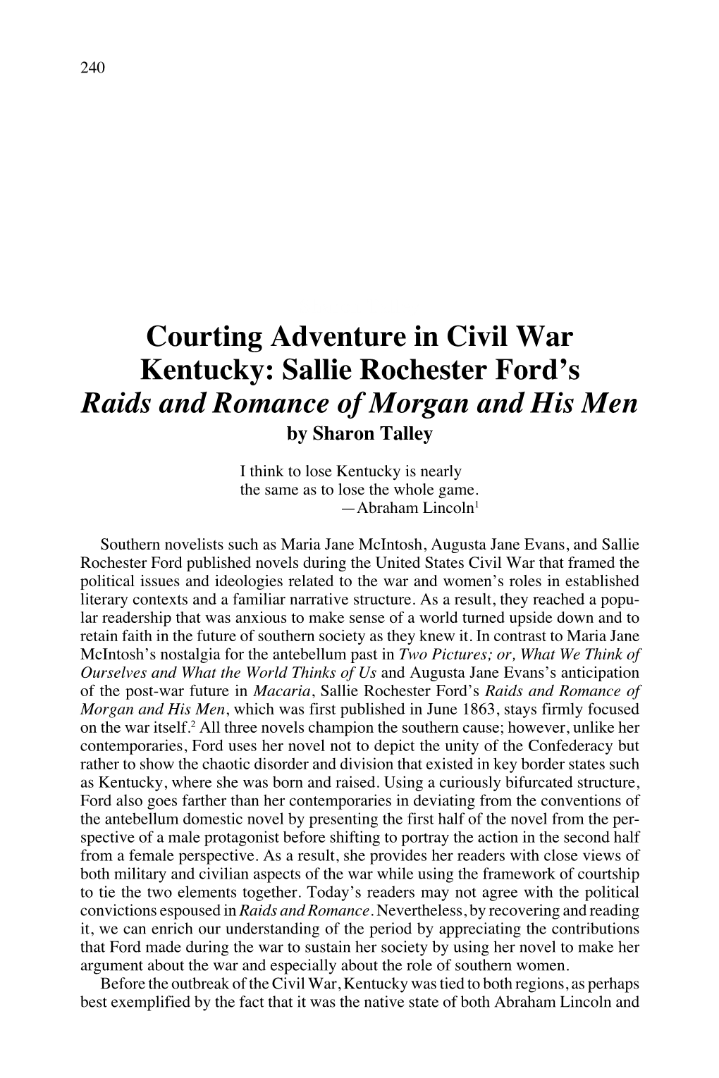 Courting Adventure in Civil War Kentucky: Sallie Rochester Ford's